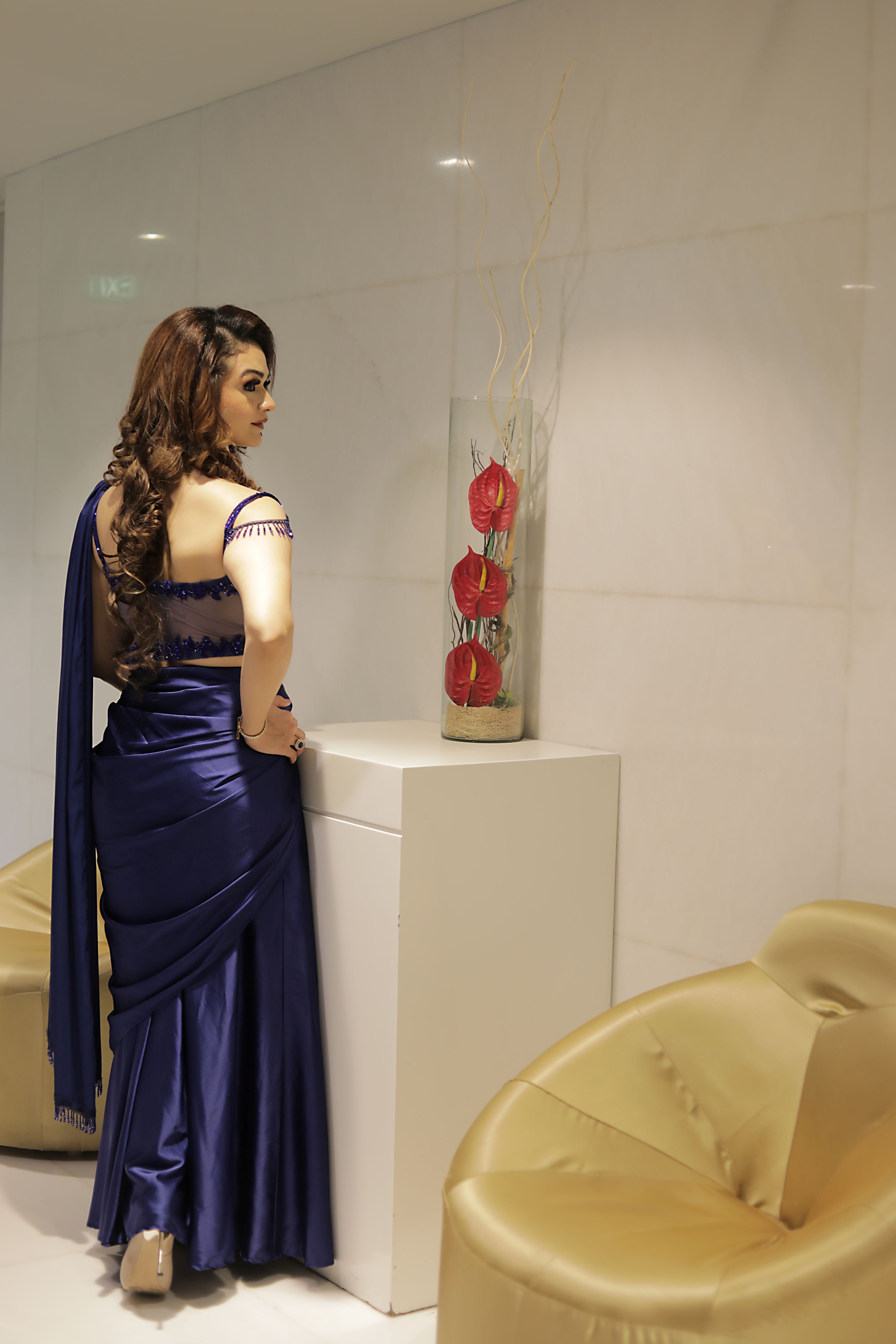 Navy Blue crystal work heavy blouse with armani satin drape saree