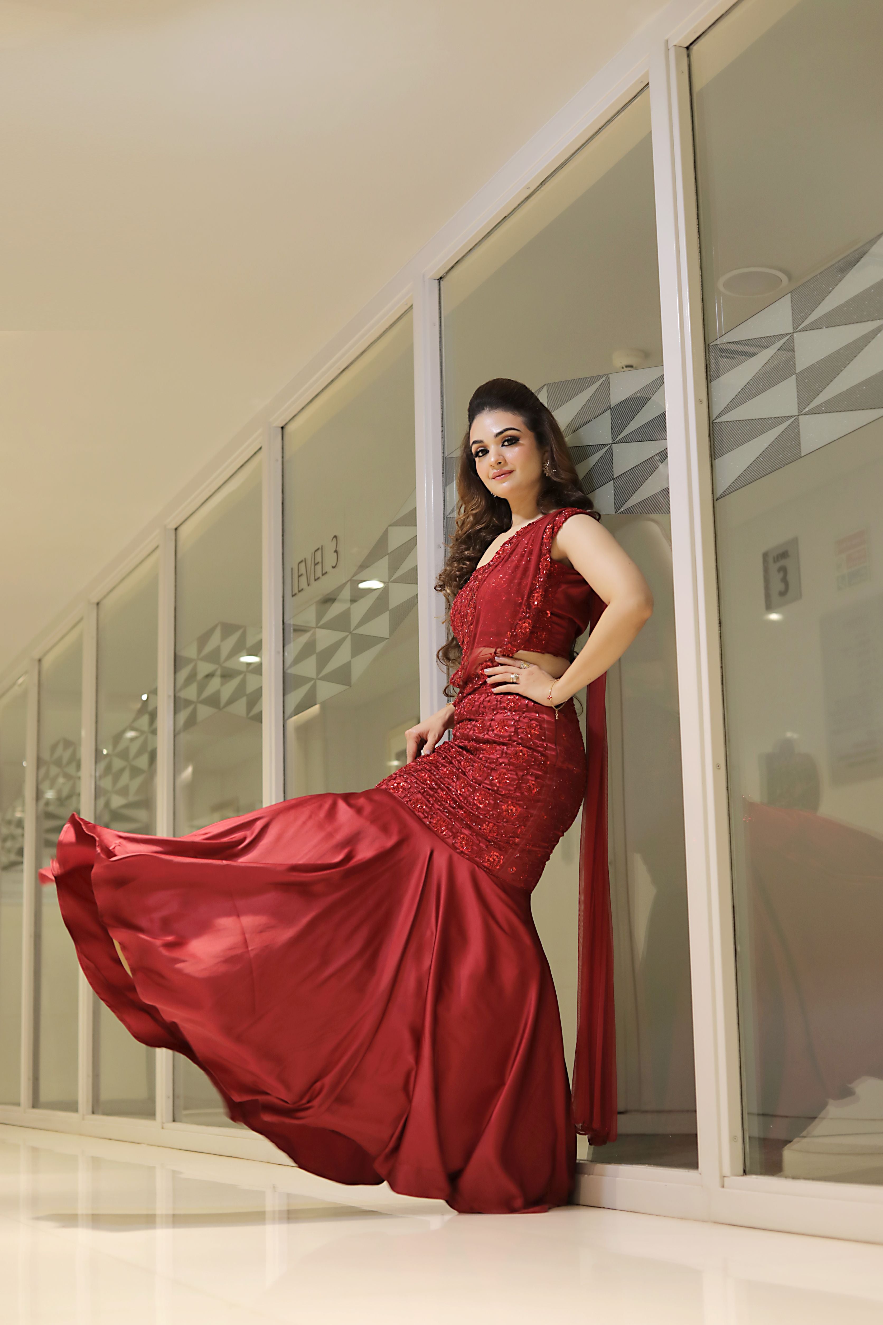 Red hand work Fishcut drape lehenga set