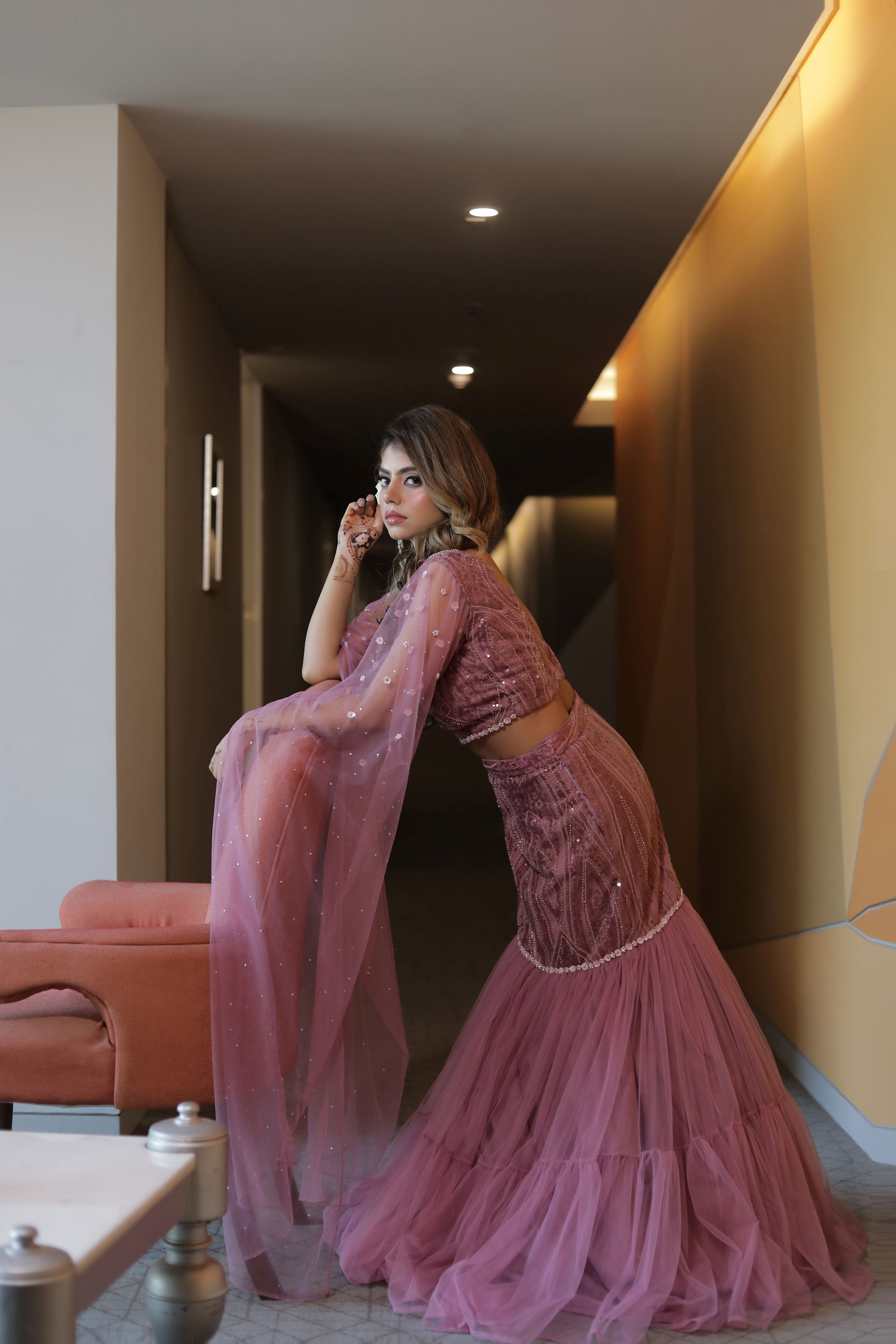 Pink fabric based Fishcut lehenga