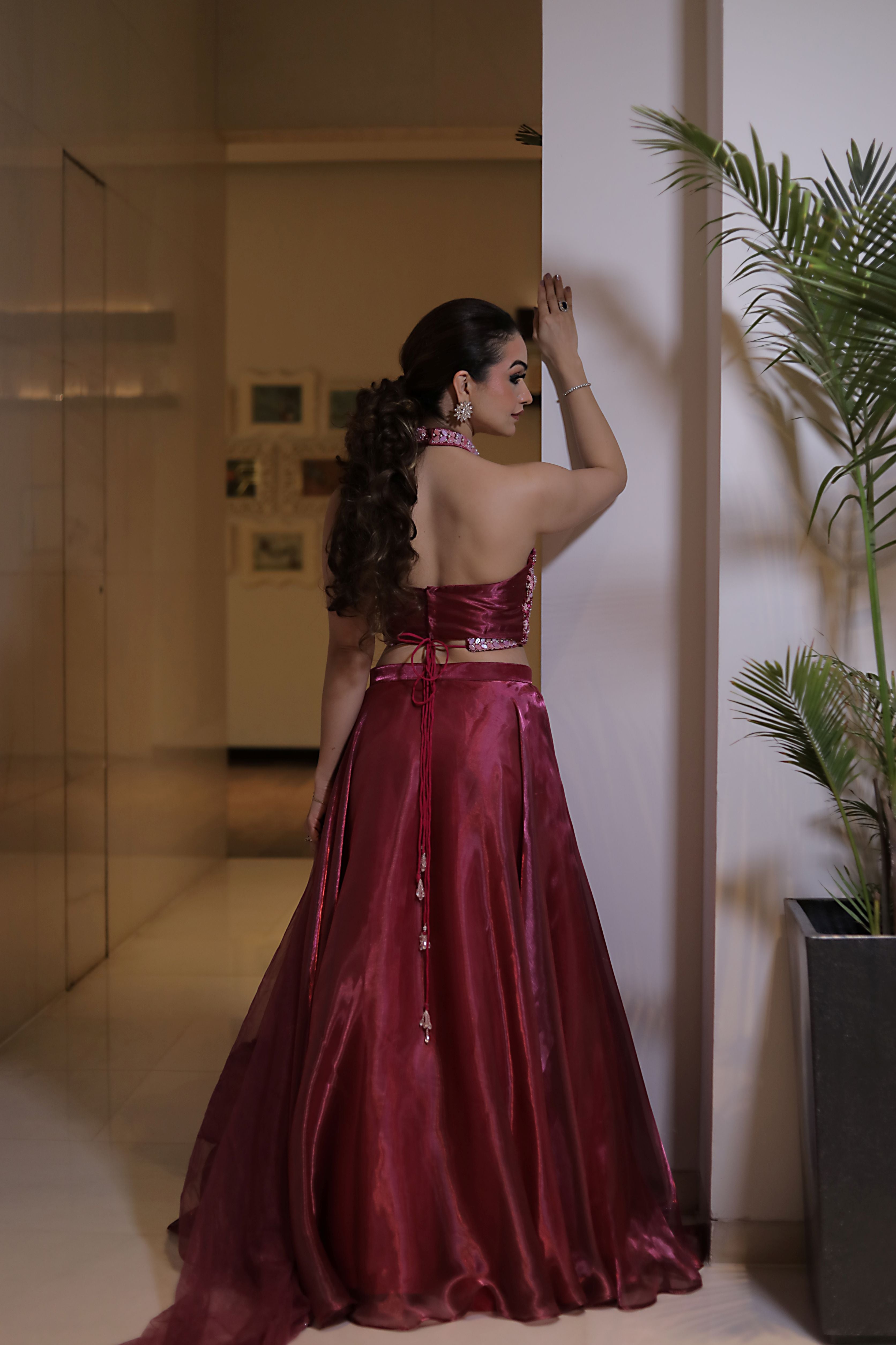 Pink Halter neck backless blouse with organza skirt and Ruffle dupatta