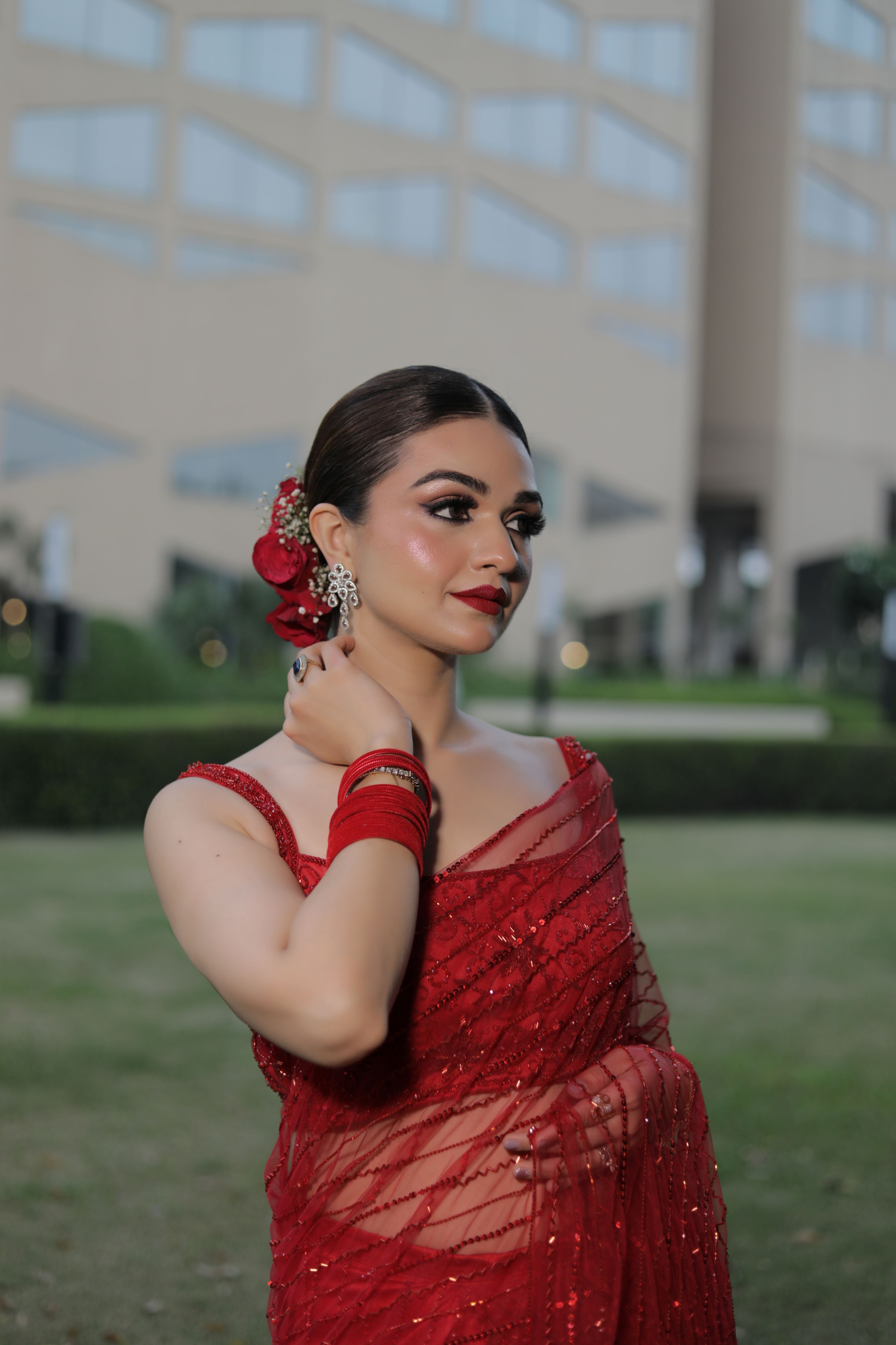Red Armani satin hand embroidered saree