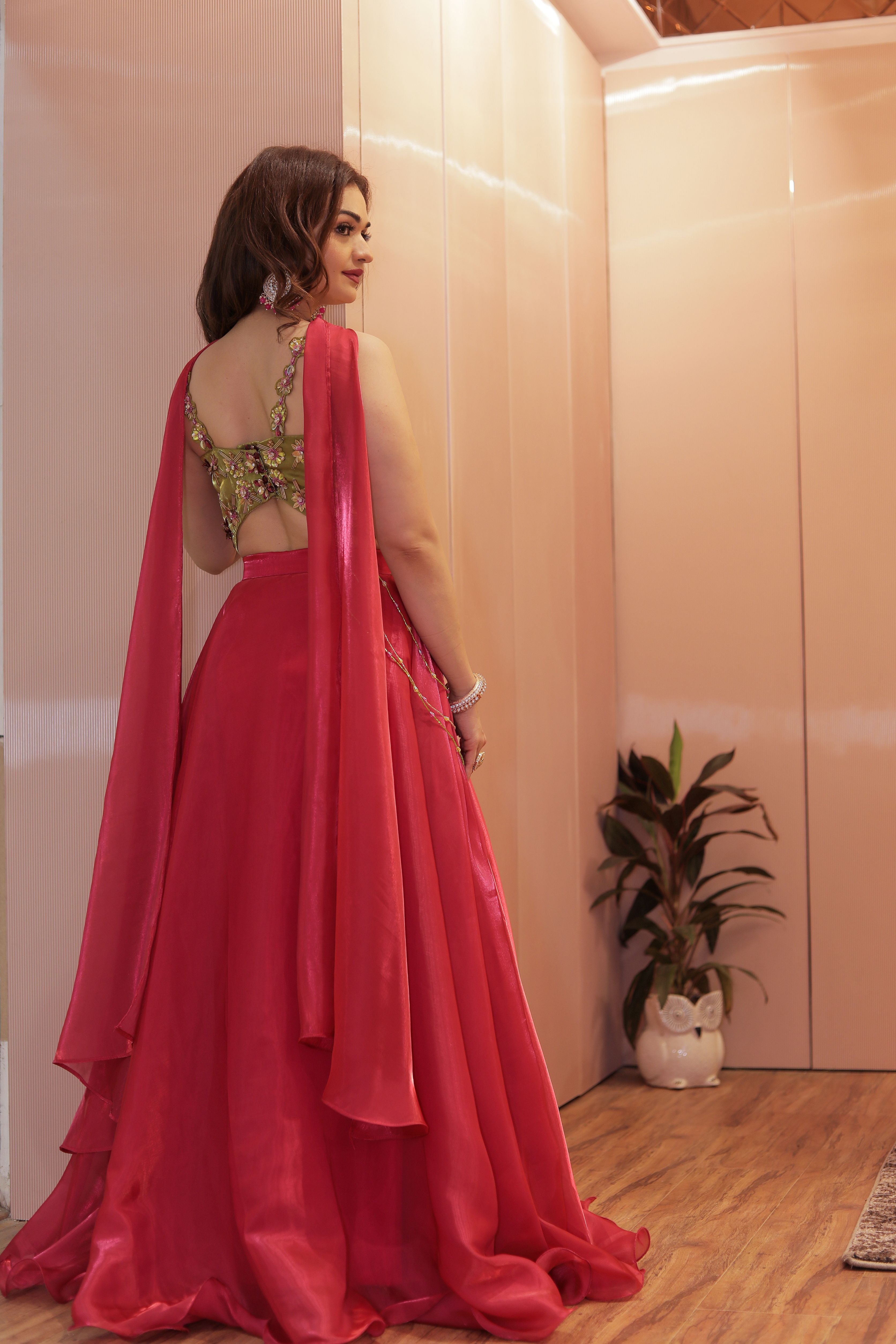 Mehendi green blouse with organza skirt and chocker dupatta
