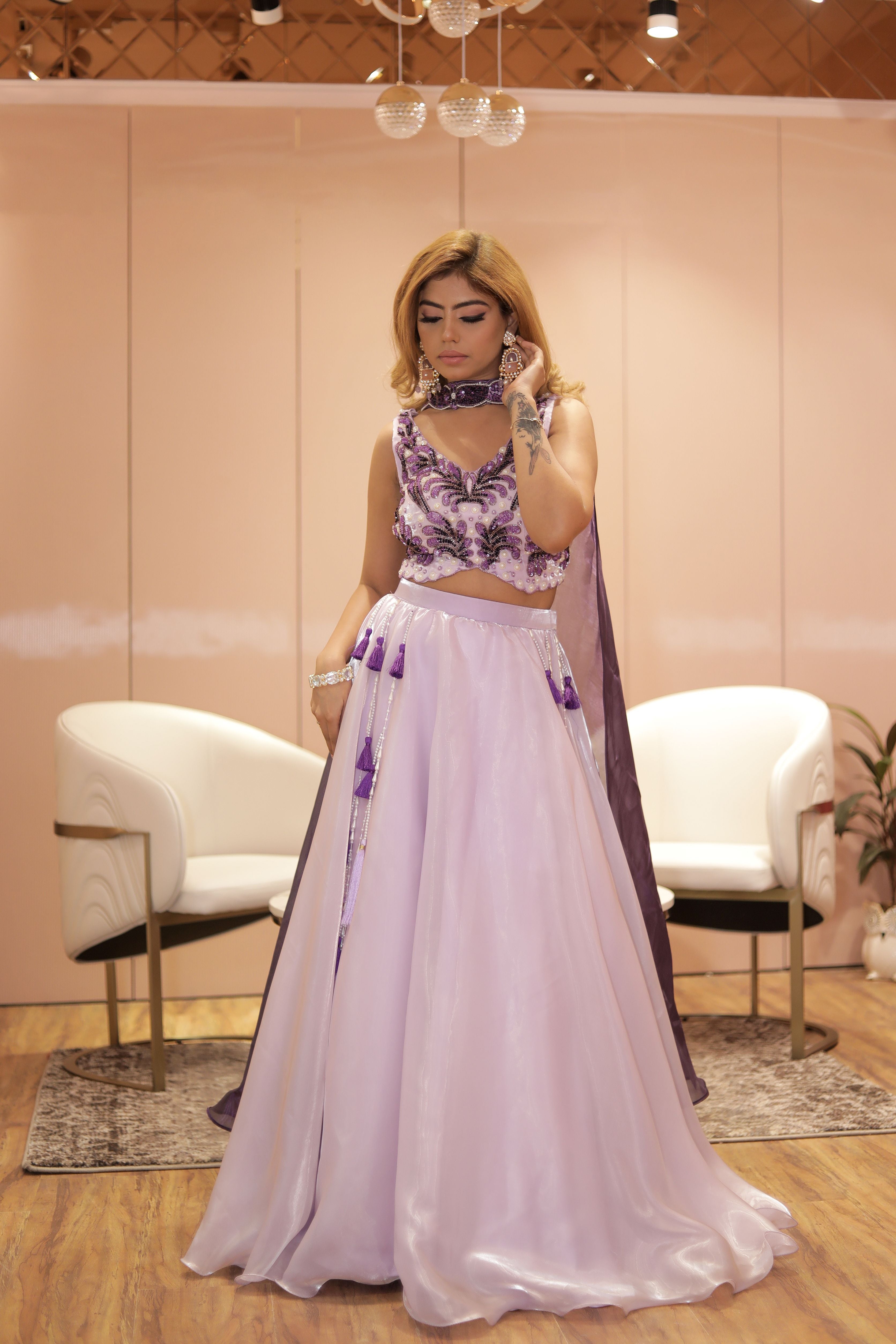 Lavender blouse with organza skirt and chocker dupatta