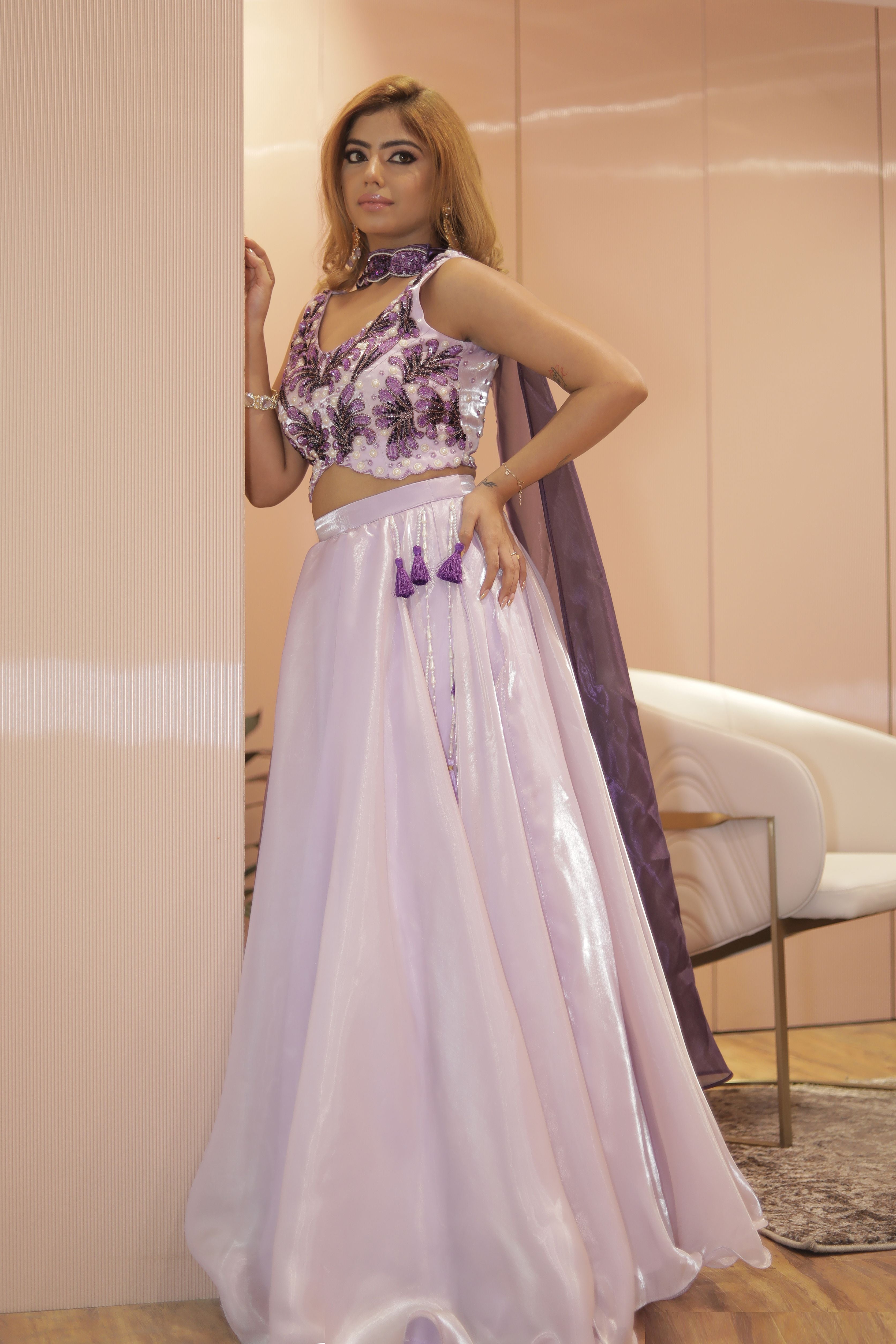 Lavender blouse with organza skirt and chocker dupatta