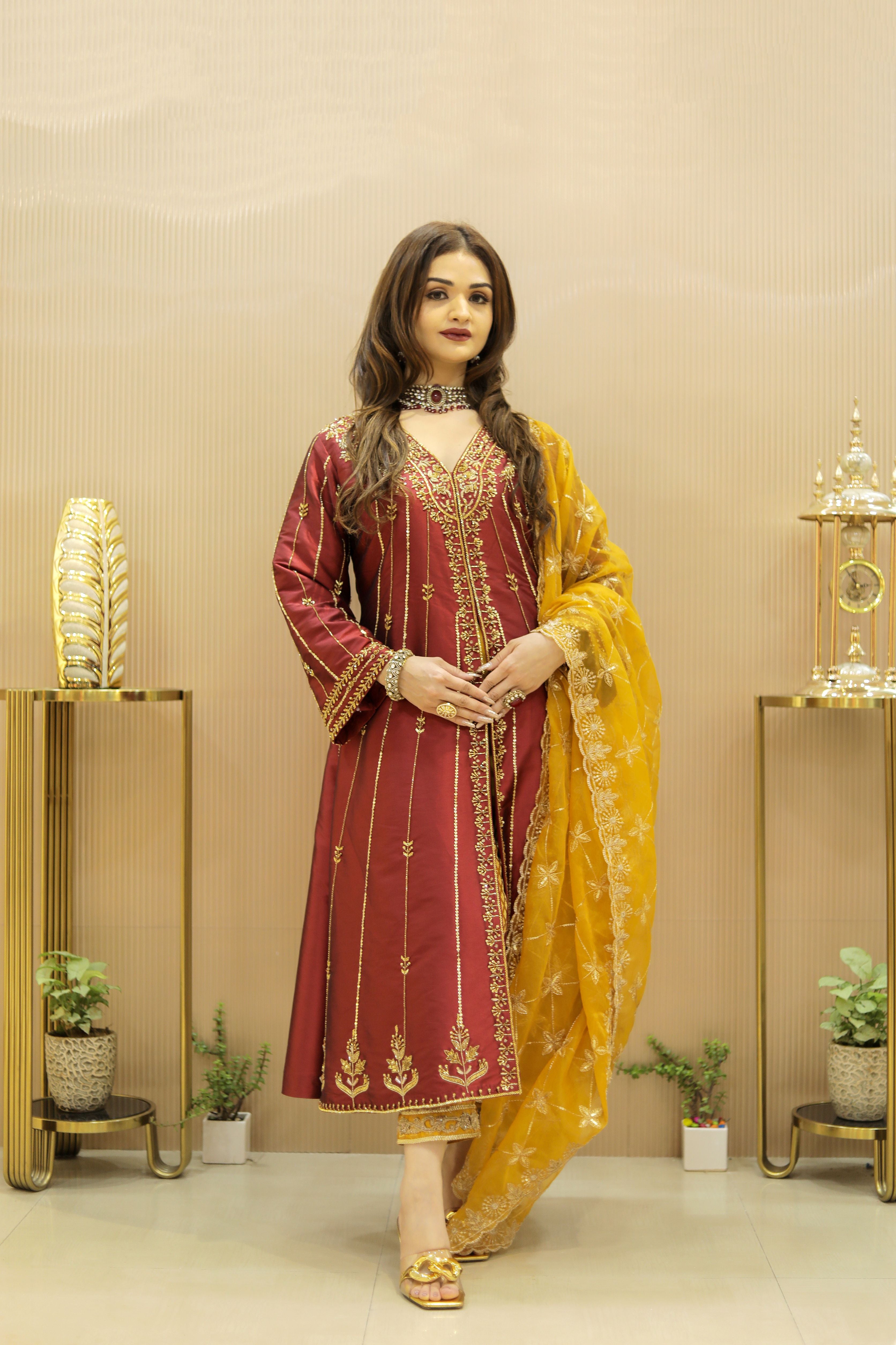 Mehroon heavy work kalli anarkali suit set