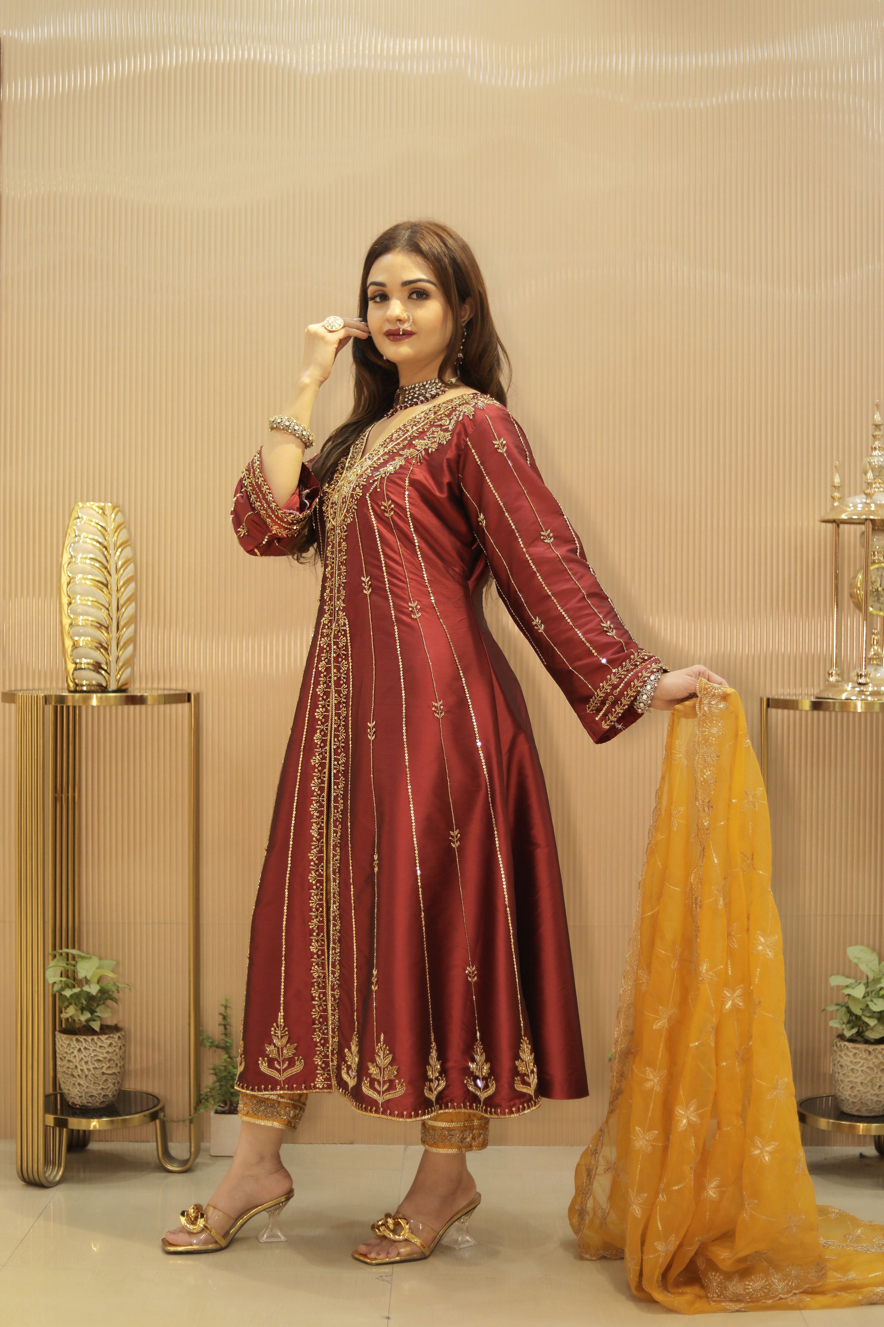 Mehroon heavy work kalli anarkali suit set