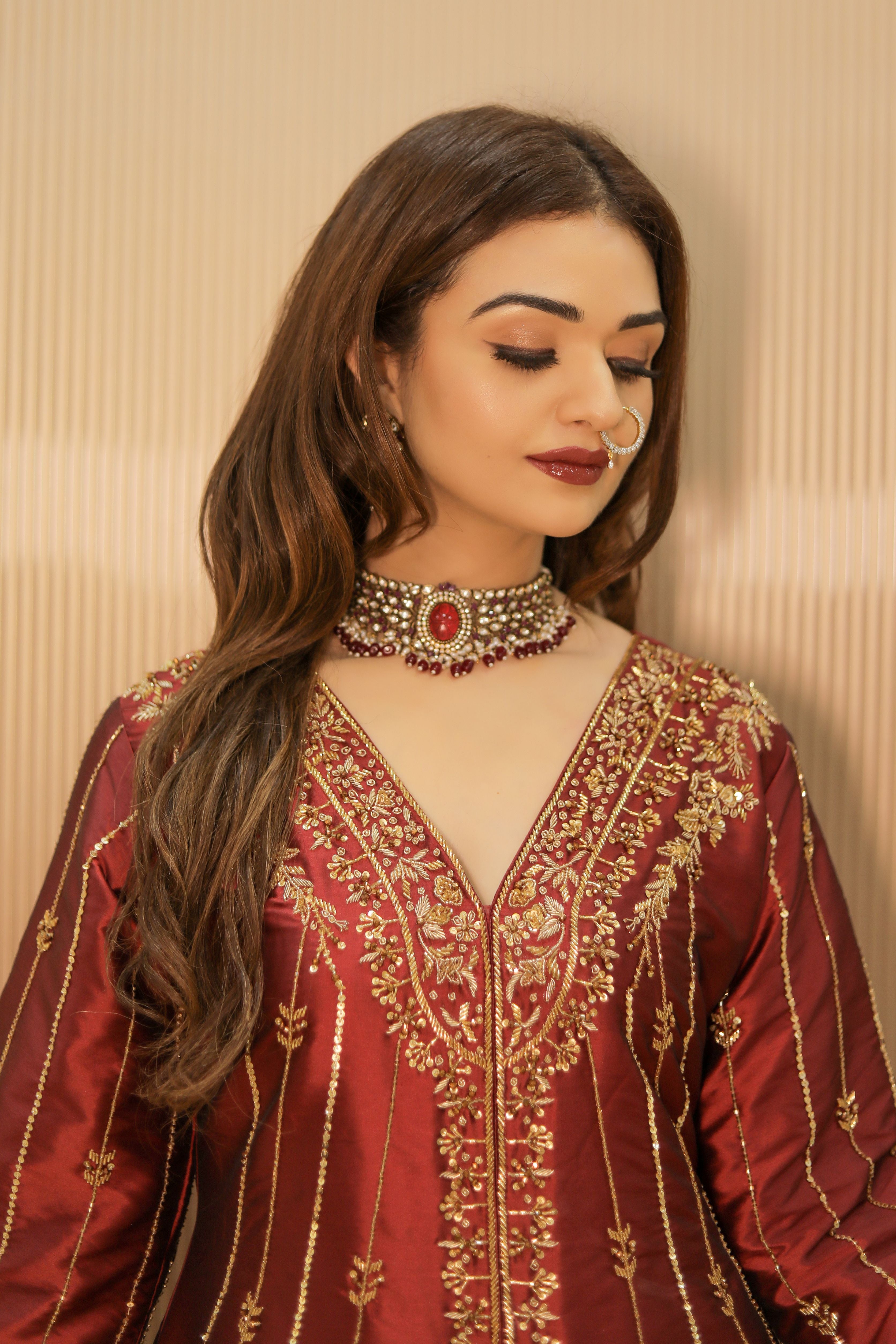 Mehroon heavy work kalli anarkali suit set