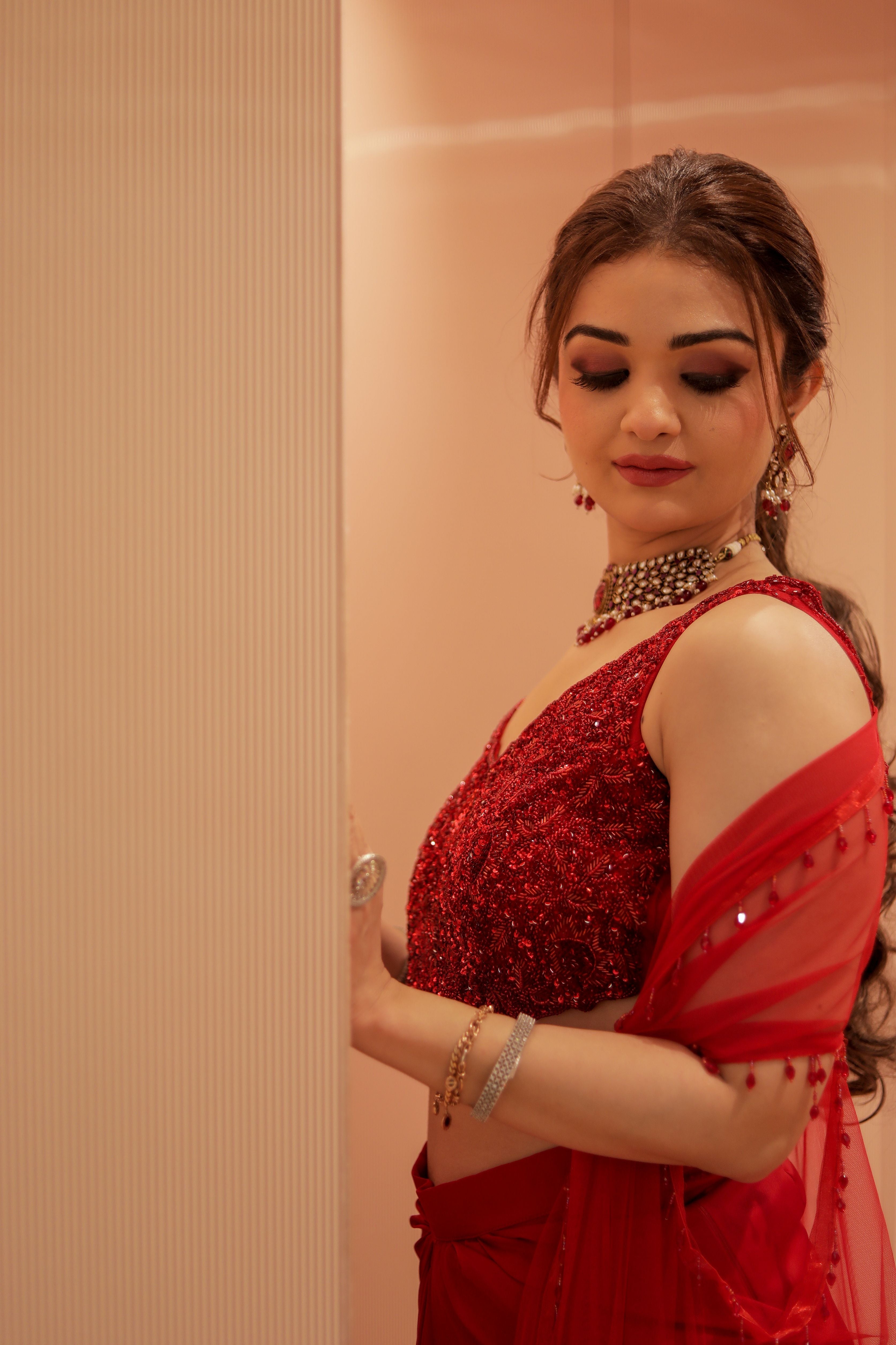 Blood Red heavy crystal blouse with drape skirt and shrug