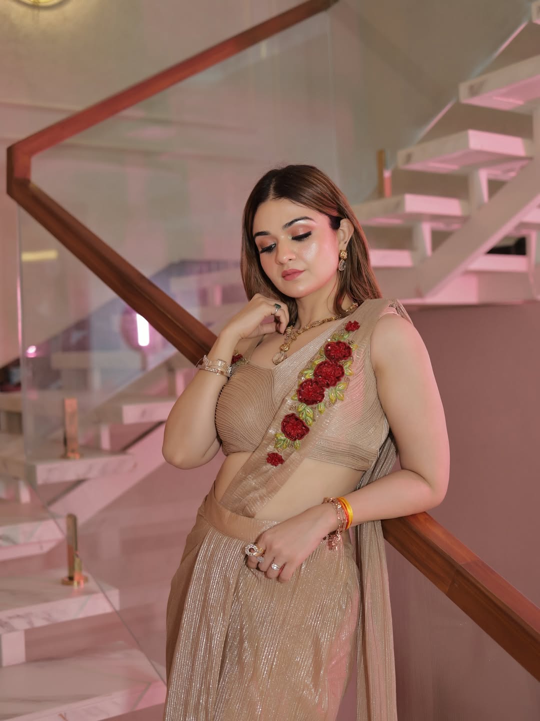Golden Rose Pleated Pre Draped Saree