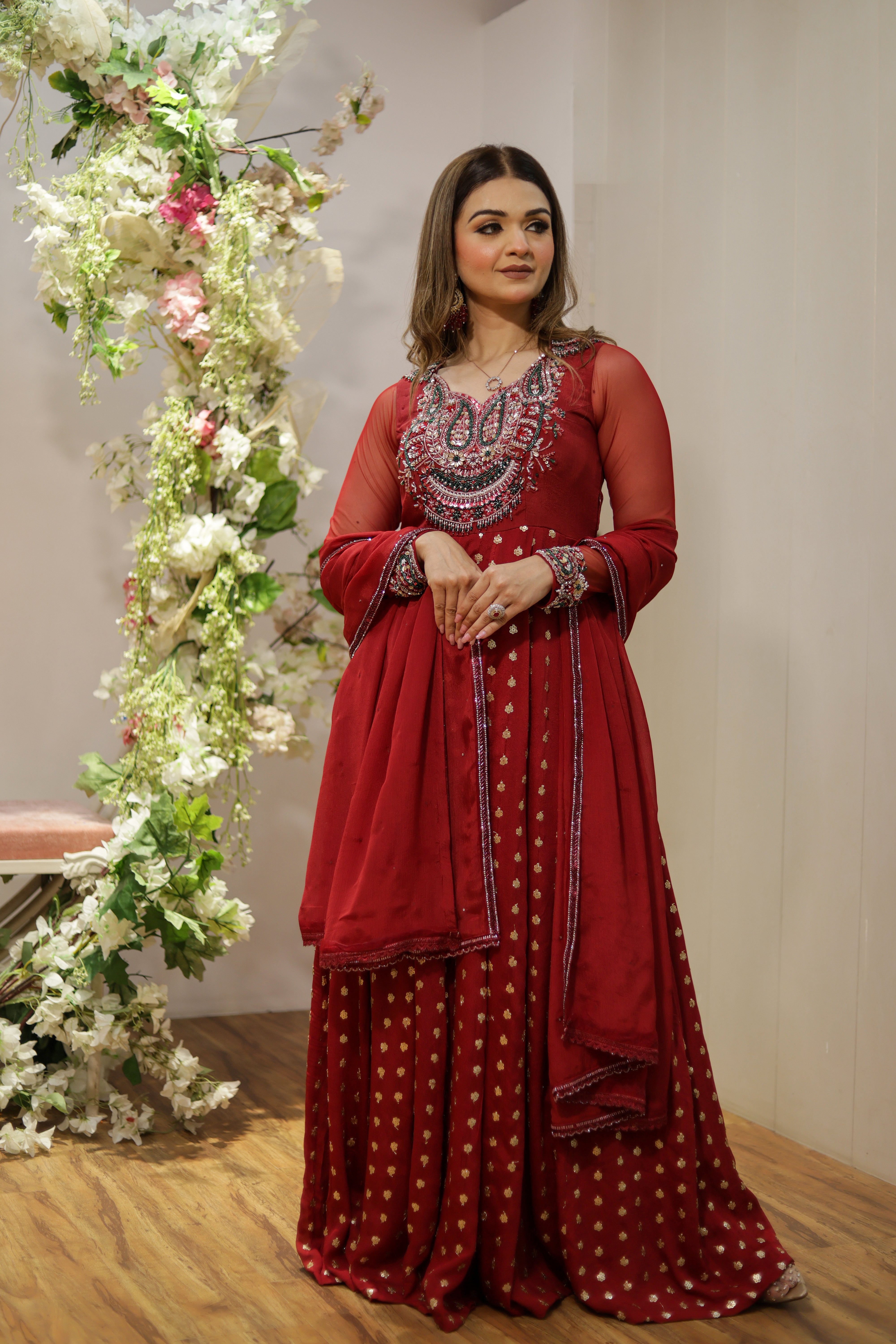 Red heavy embroidered Anarkali with pure chinon dupatta