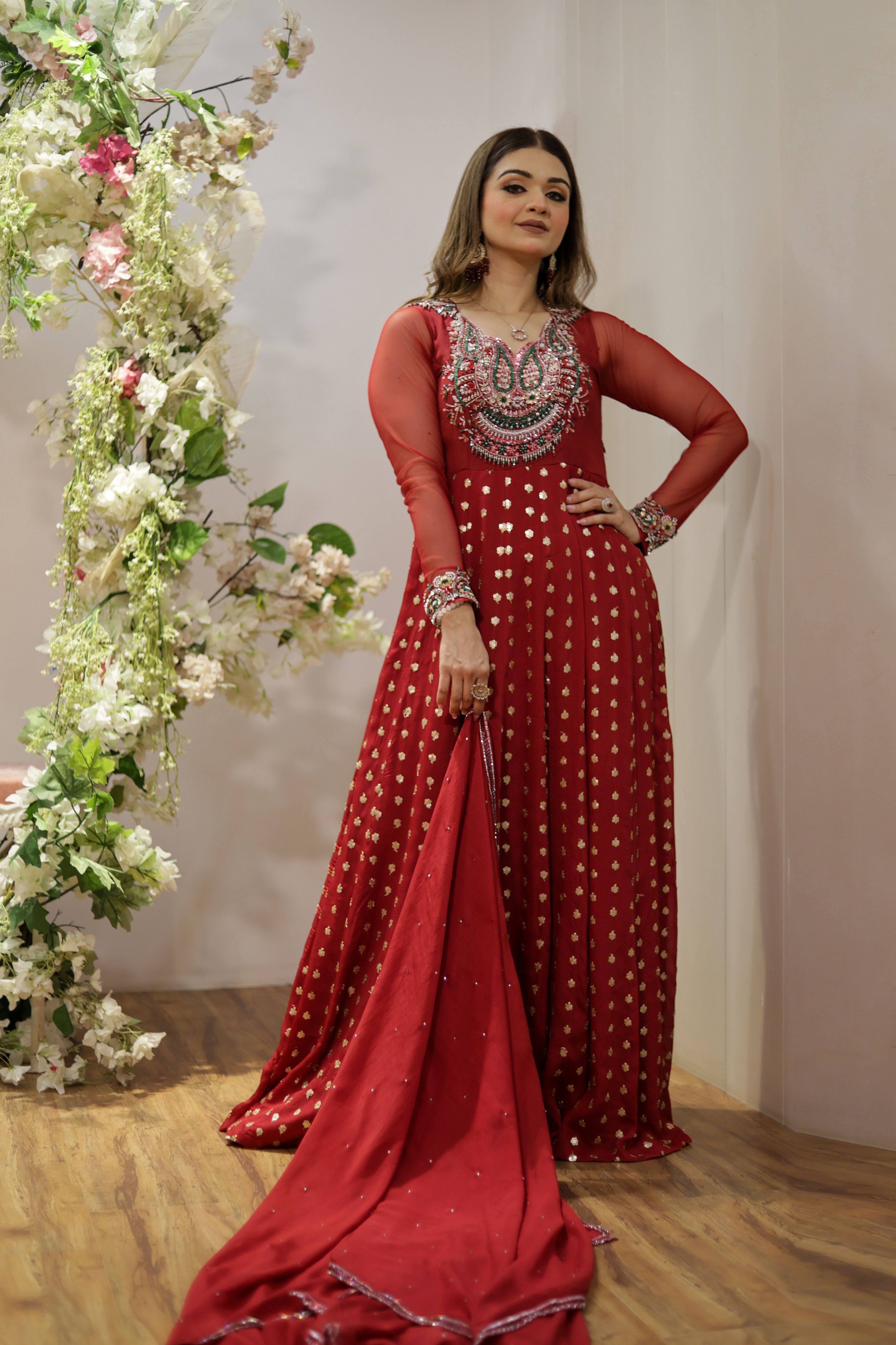 Red heavy embroidered Anarkali with pure chinon dupatta