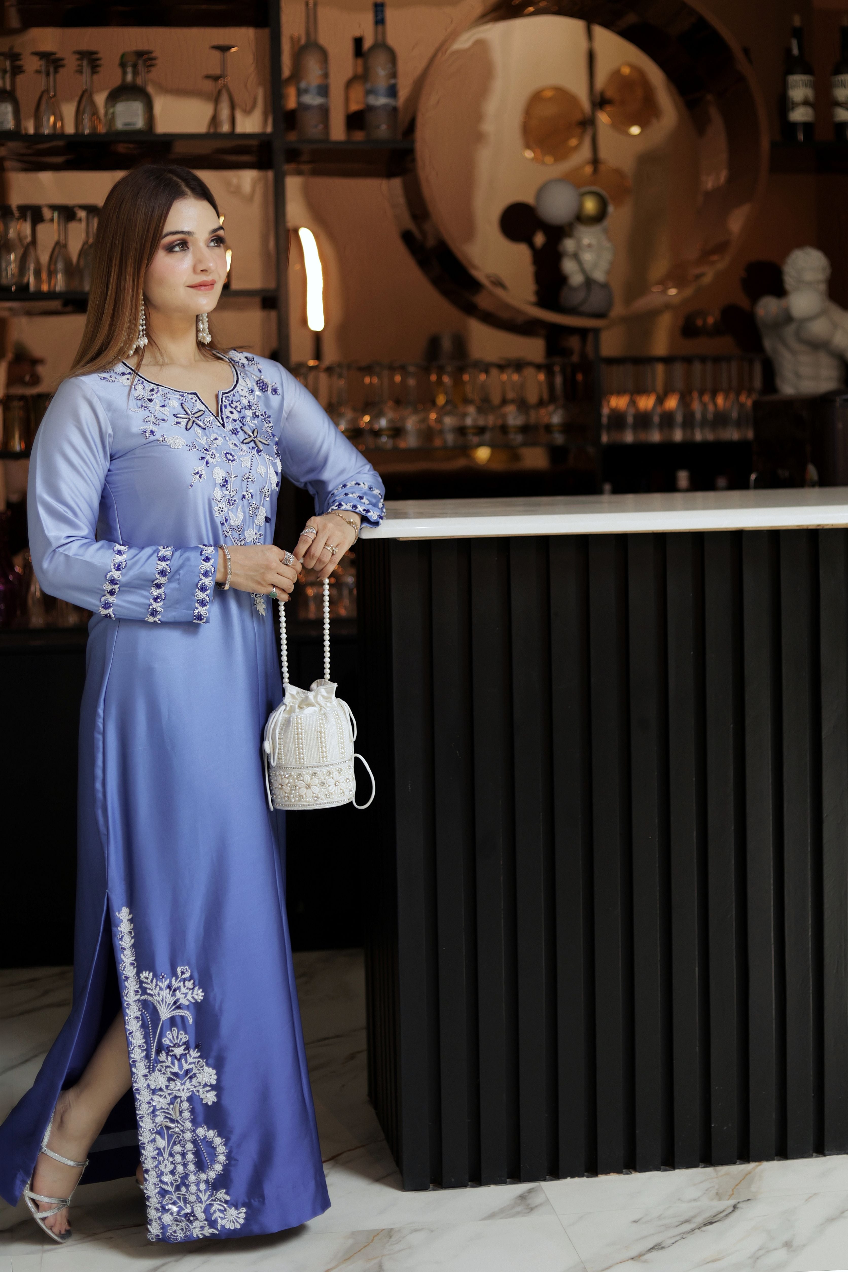 Blue pearl Hand Embroidered Phiran