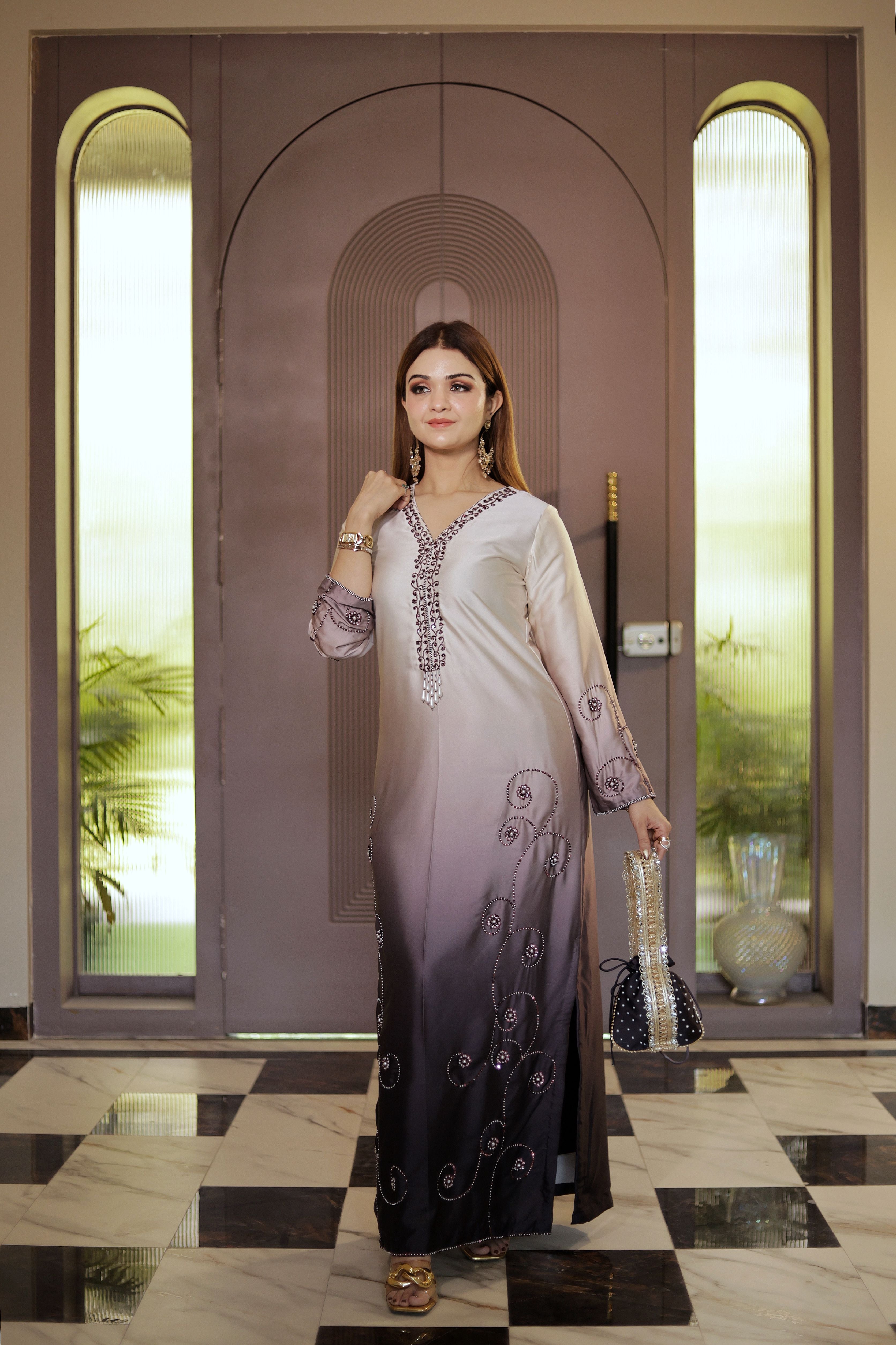 Brown pearl Hand Embroidered Phiran