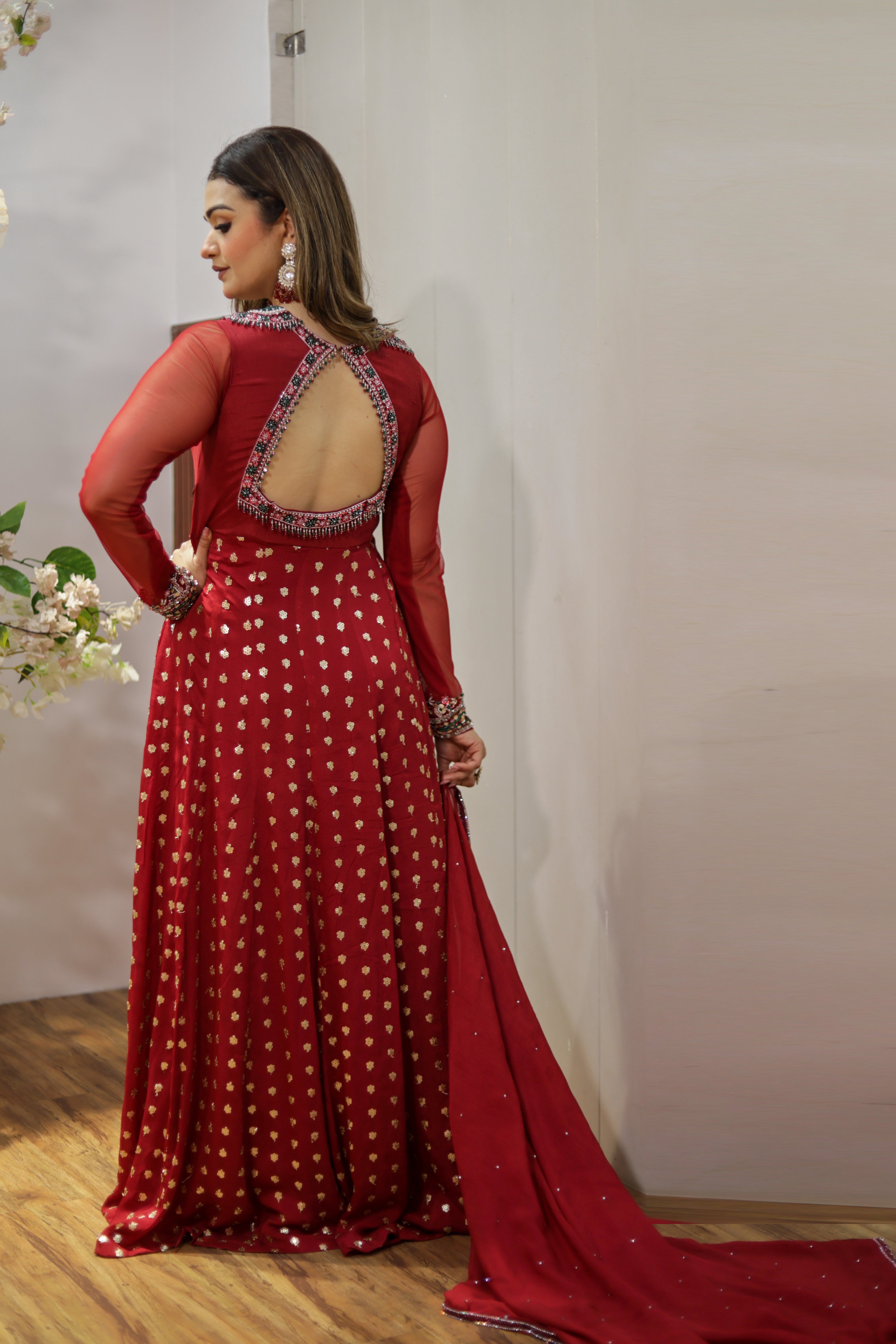 Red heavy embroidered Anarkali with pure chinon dupatta