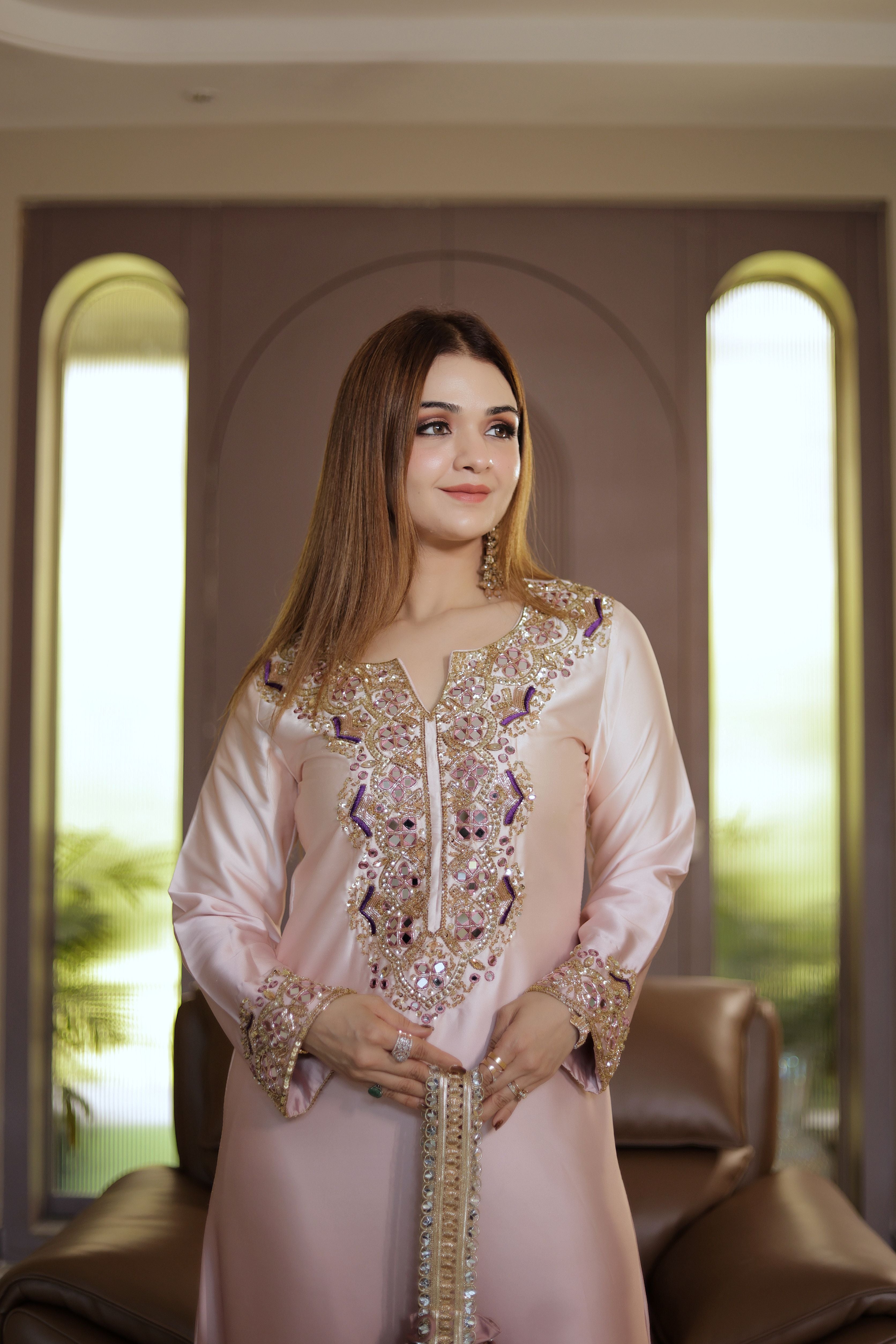 Blush Pink Mirror and thread work Phiran