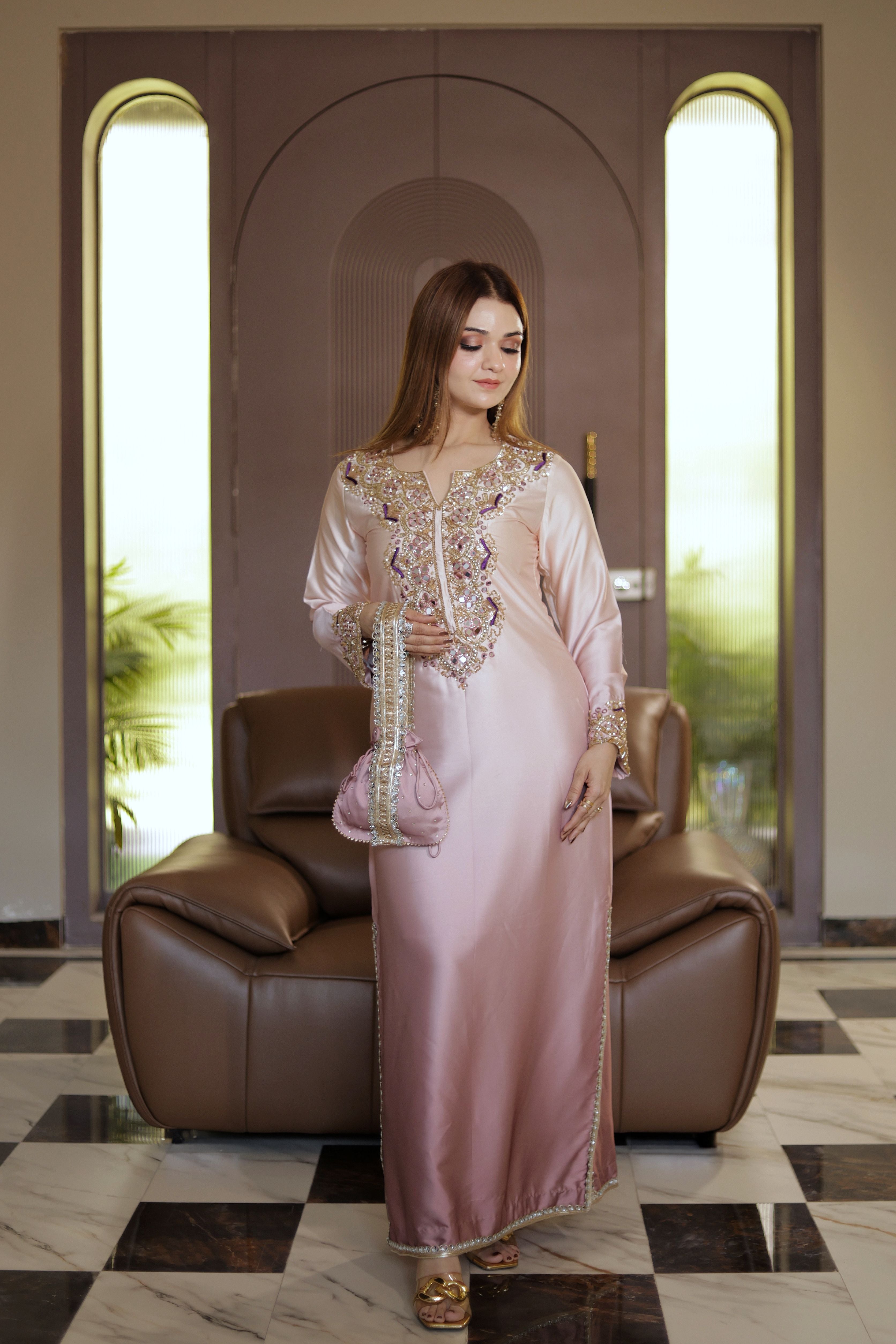 Blush Pink Mirror and thread work Phiran