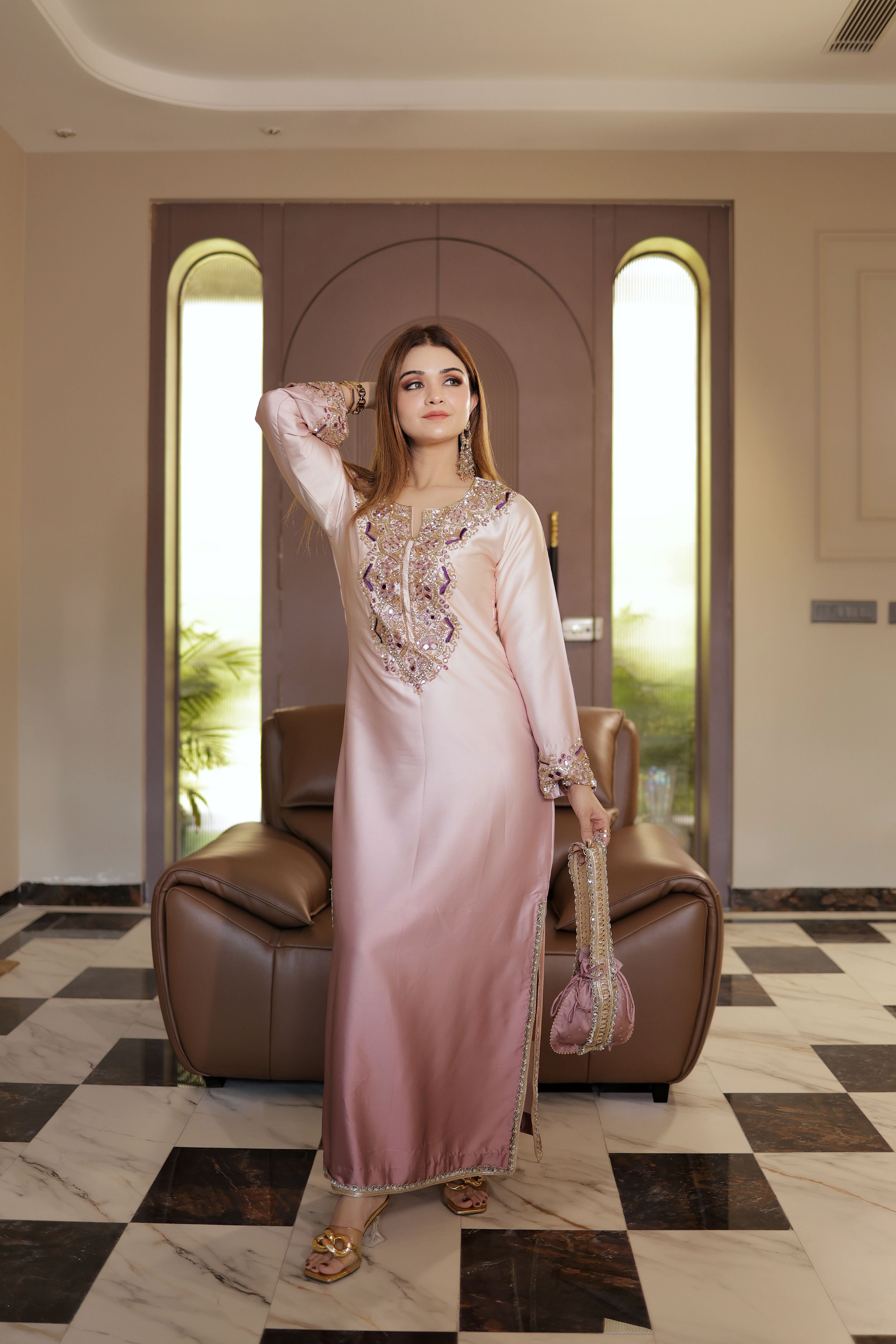 Blush Pink Mirror and thread work Phiran