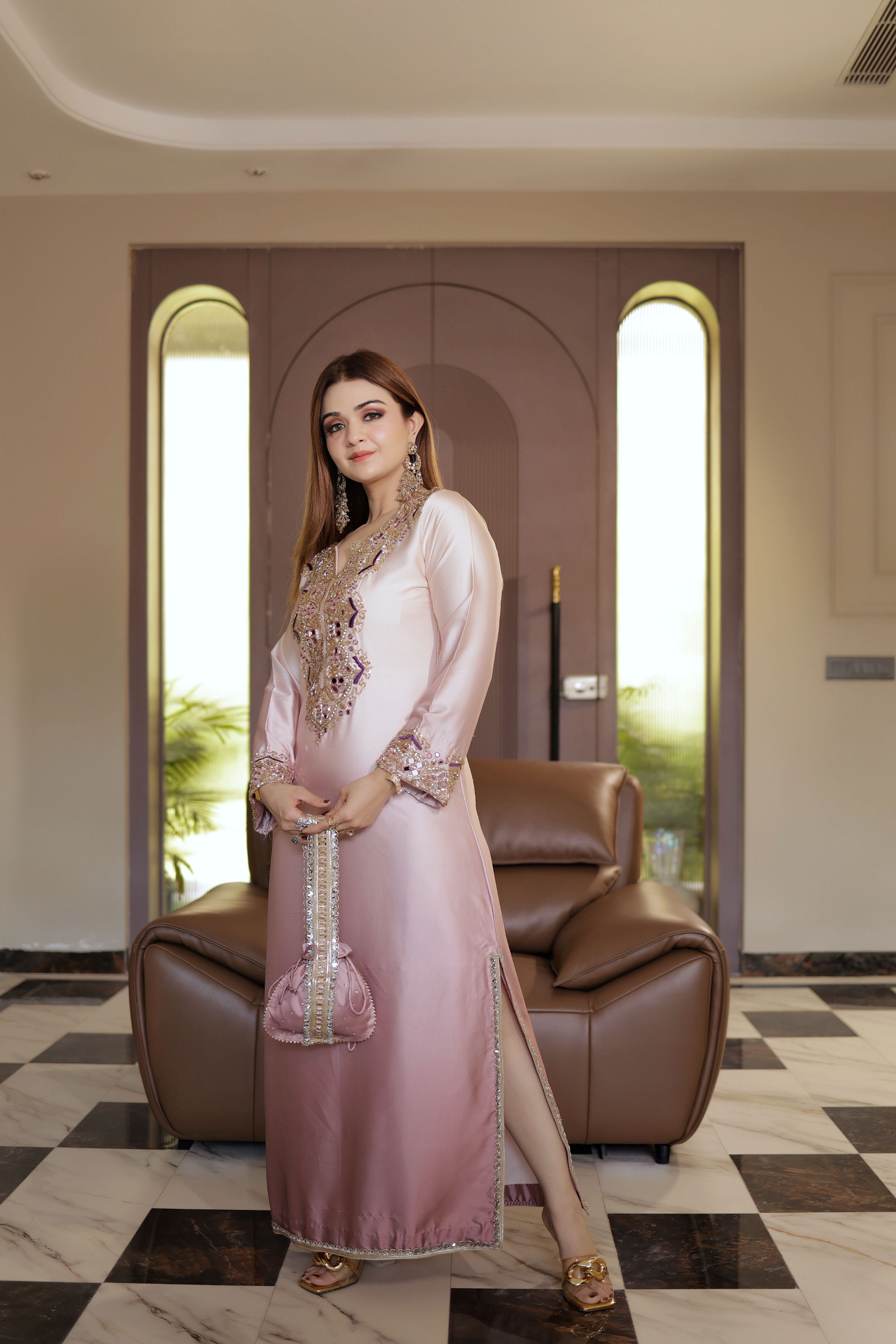 Blush Pink Mirror and thread work Phiran