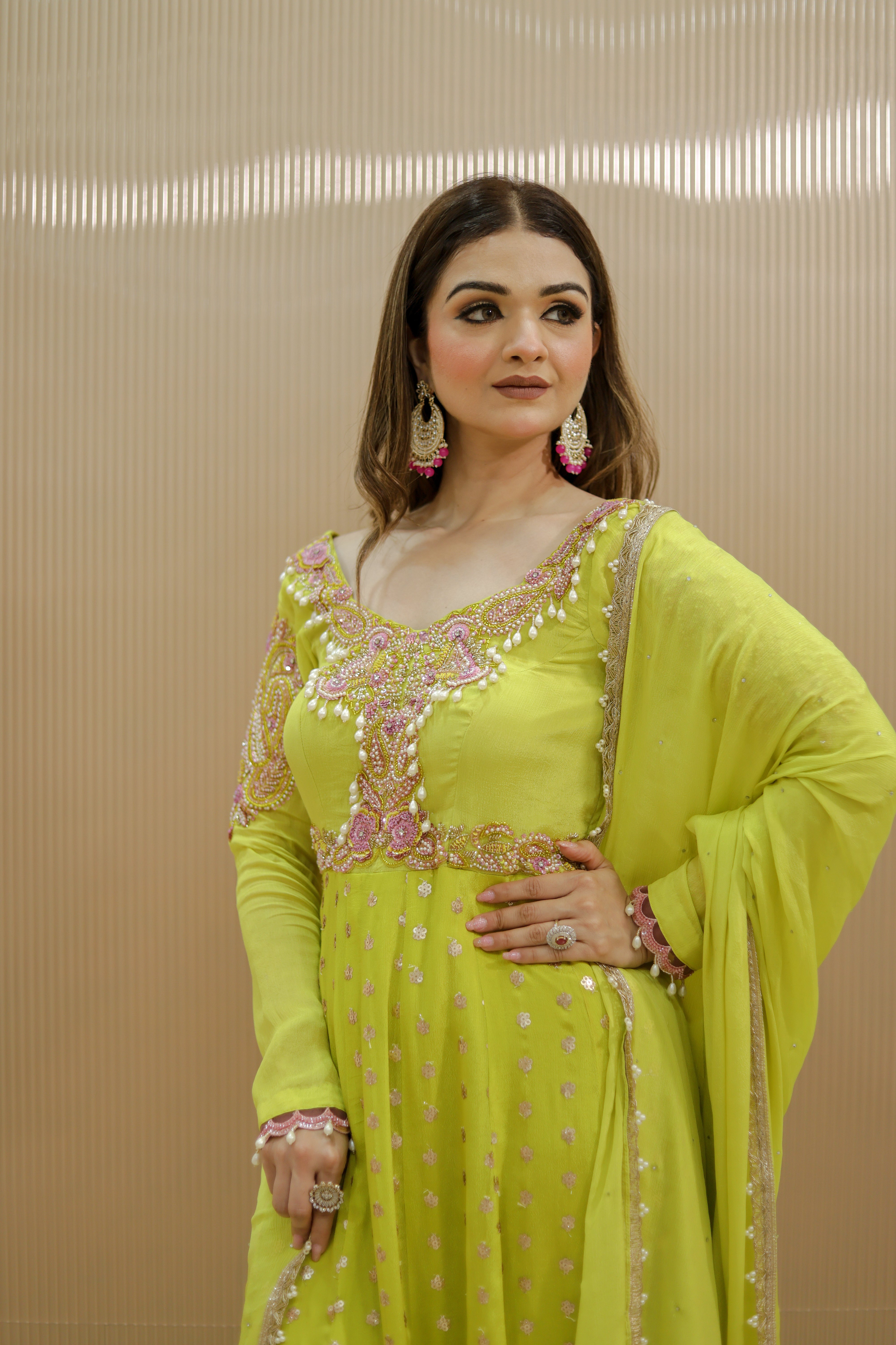 Yellow pearl heavy embroidered Anarkali with pure chinon dupatta