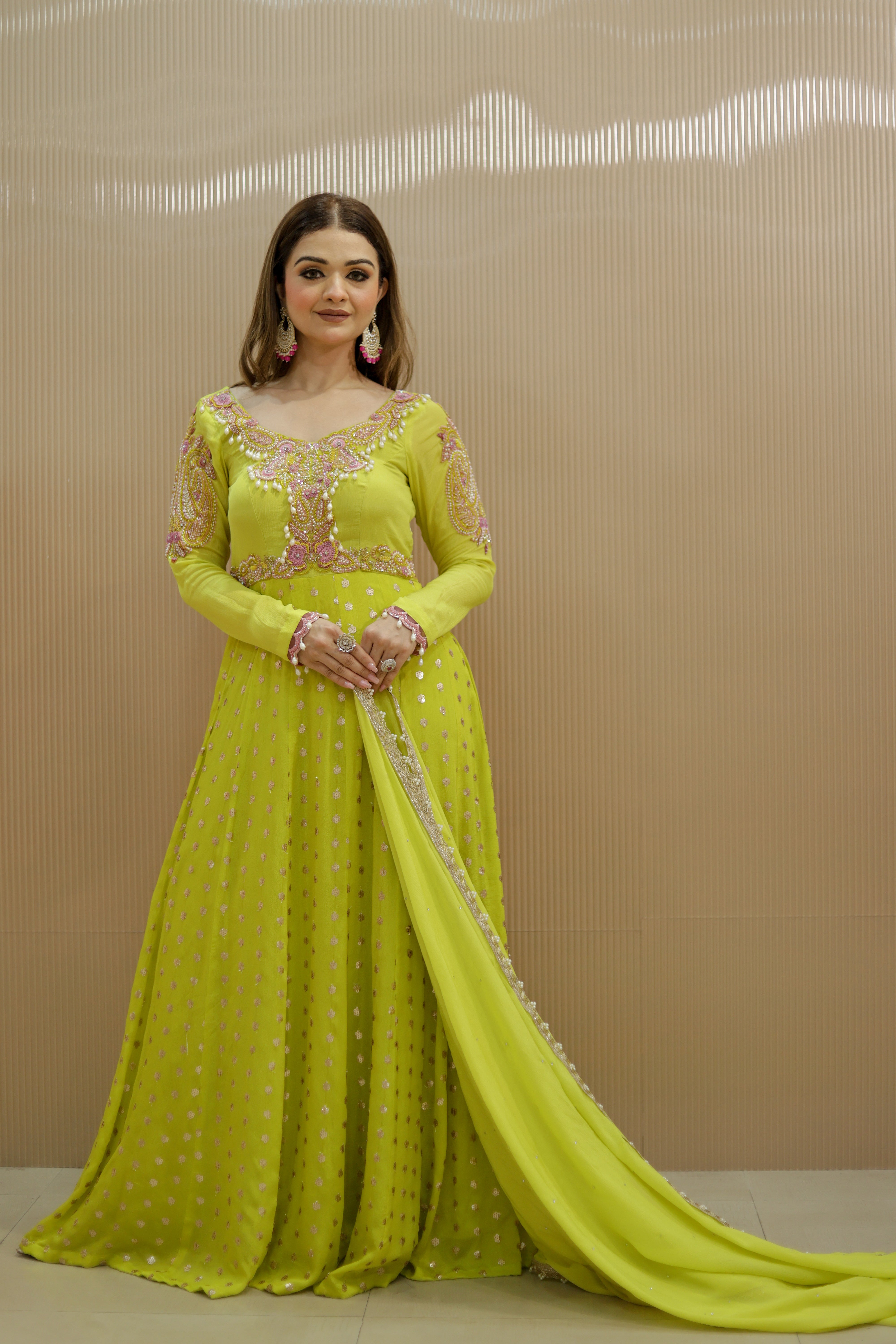 Yellow pearl heavy embroidered Anarkali with pure chinon dupatta
