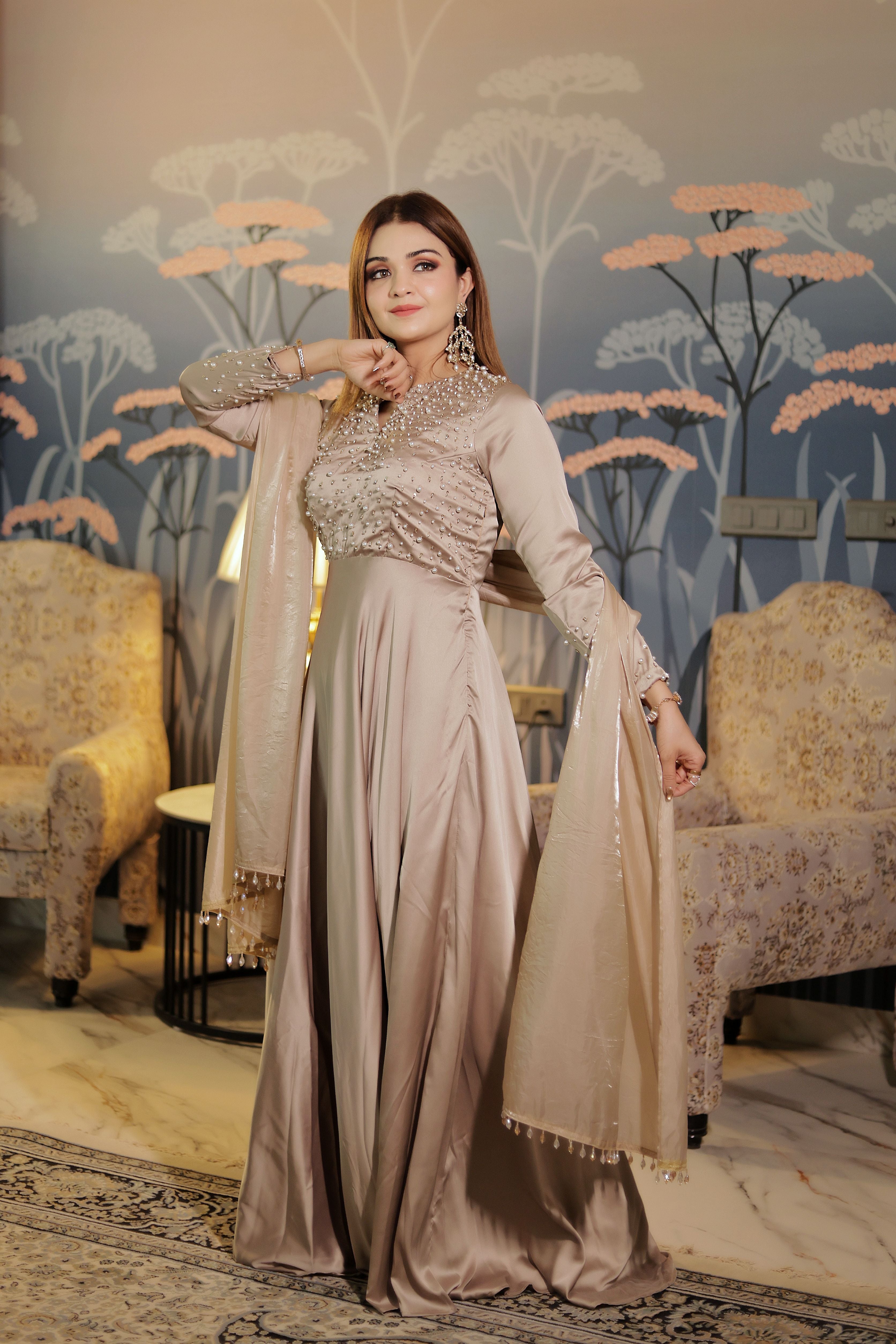 Golden Pearl Work  Anarkali