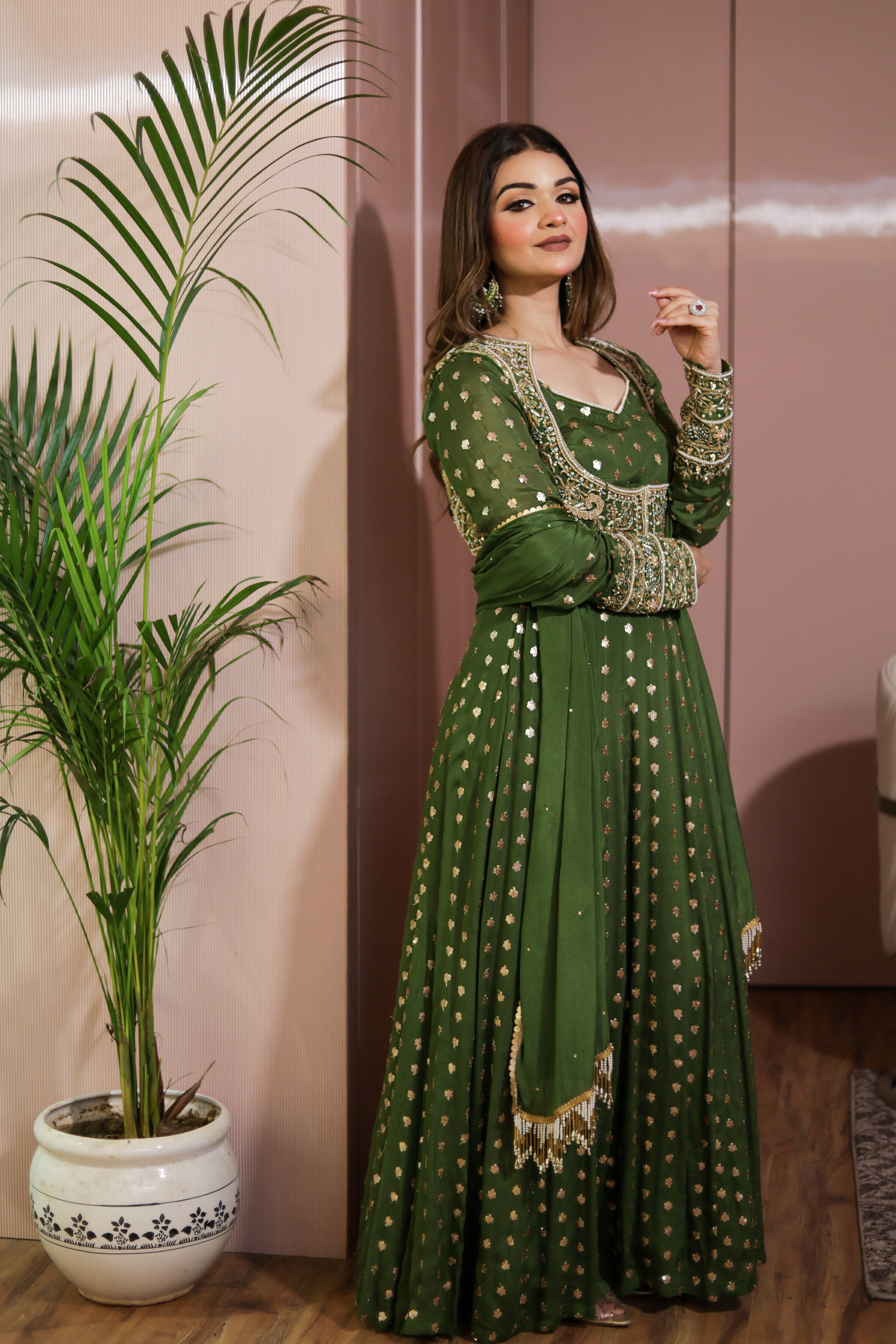 Mehendi green heavy embroidered Anarkali with pure chinon dupatta
