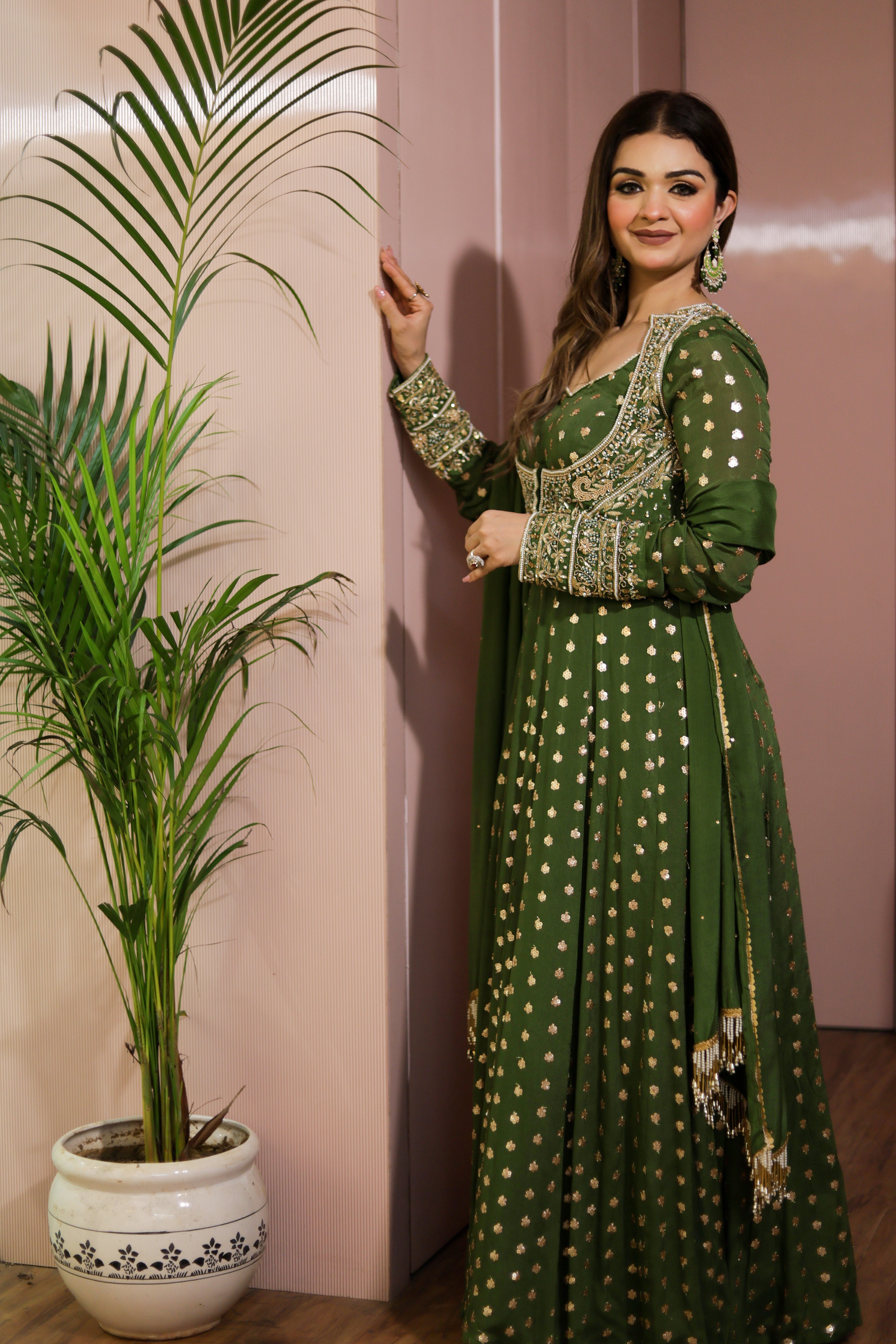Mehendi green heavy embroidered Anarkali with pure chinon dupatta