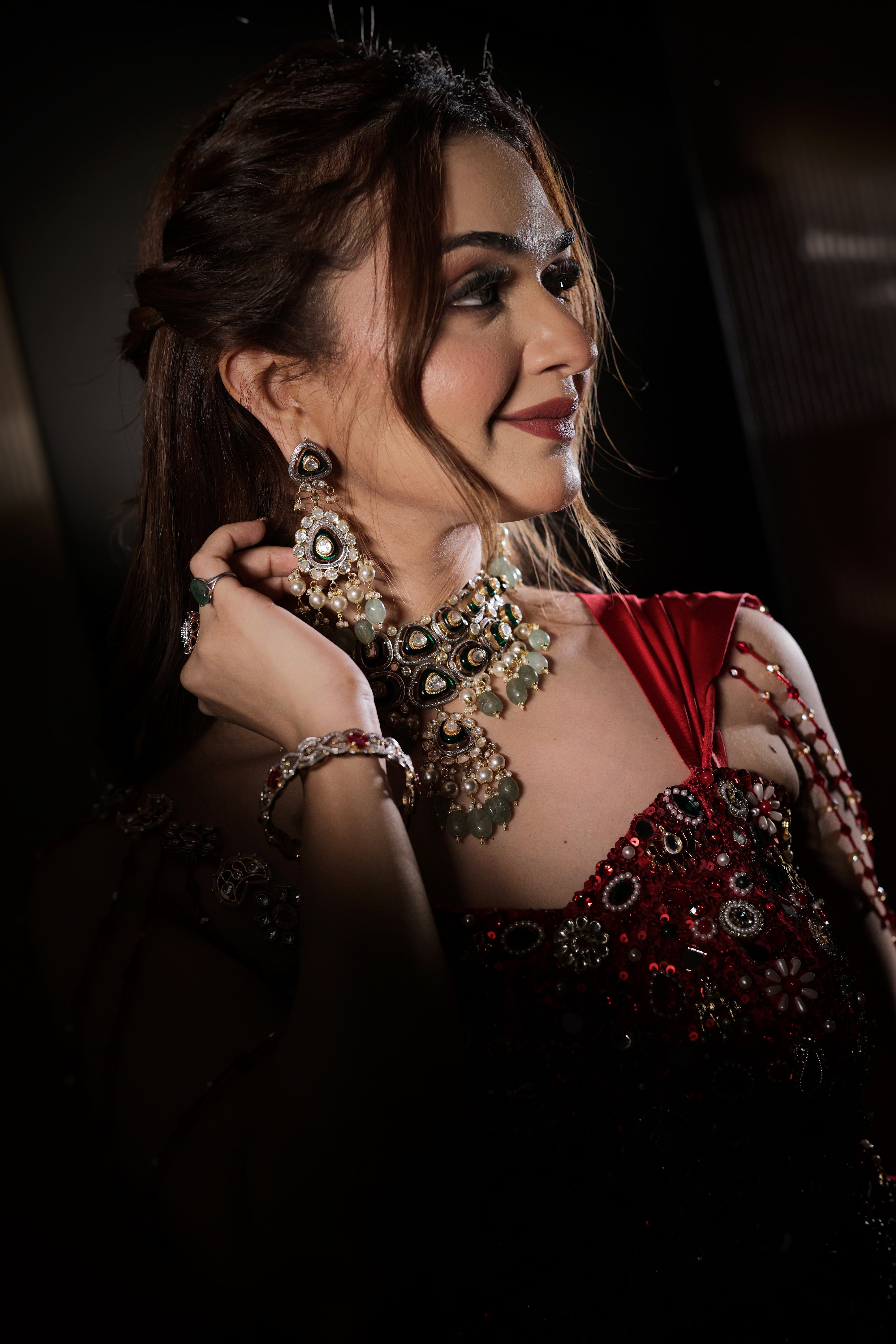 Red jewellery Corset Saree with tassels