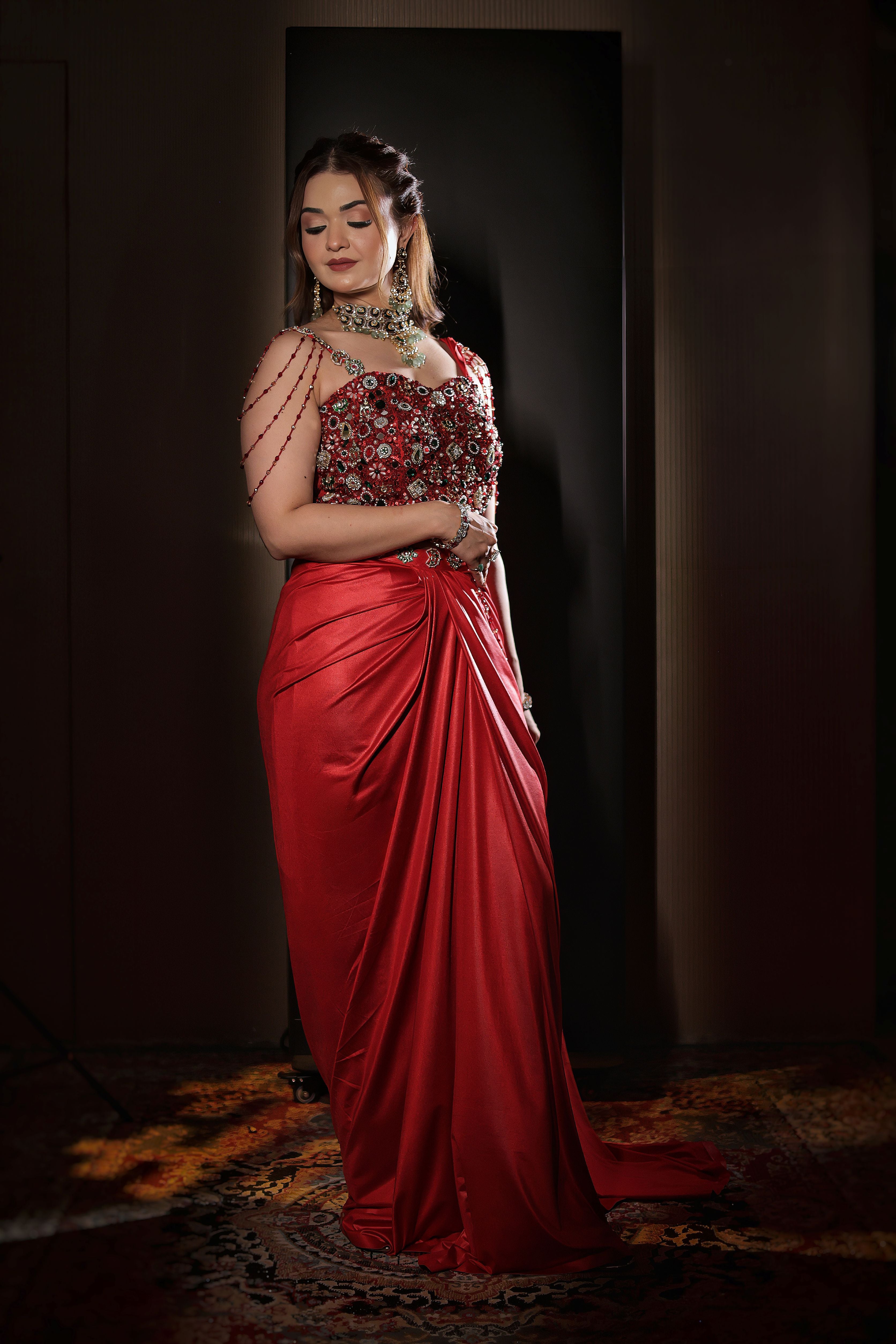 Red jewellery Corset Saree with tassels