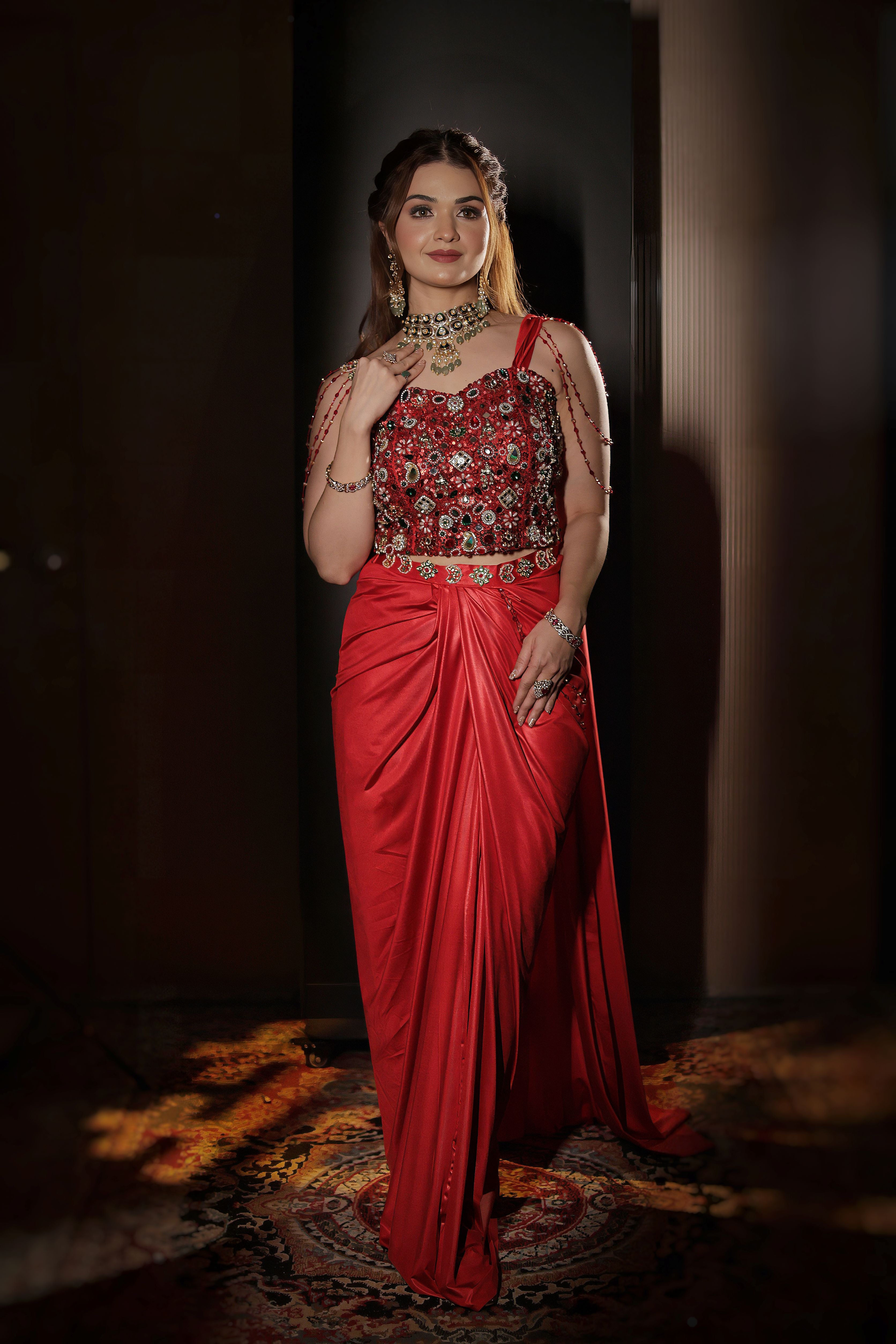 Red jewellery Corset Saree with tassels