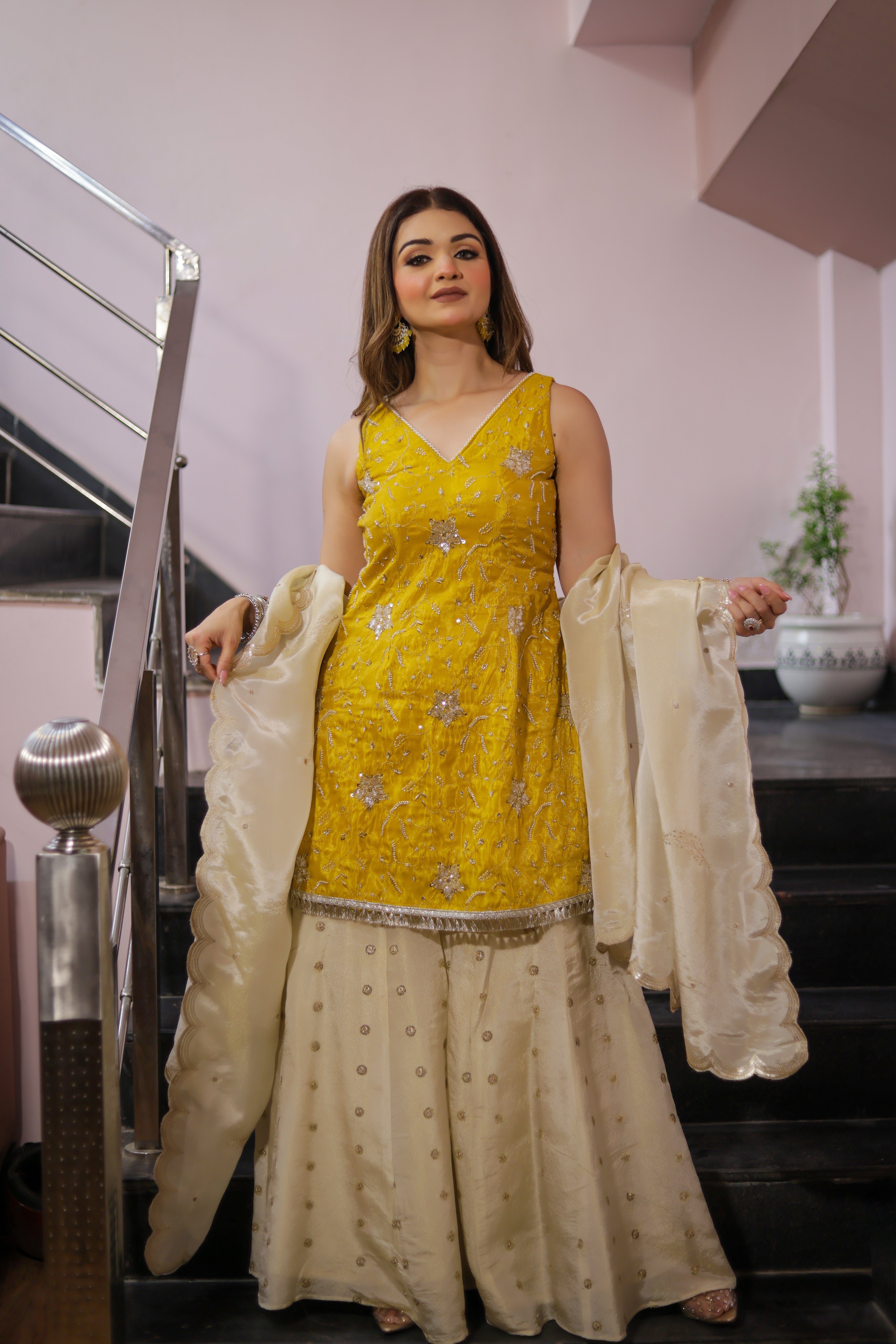 Yellow Floral Printed shirt with off white sharara set
