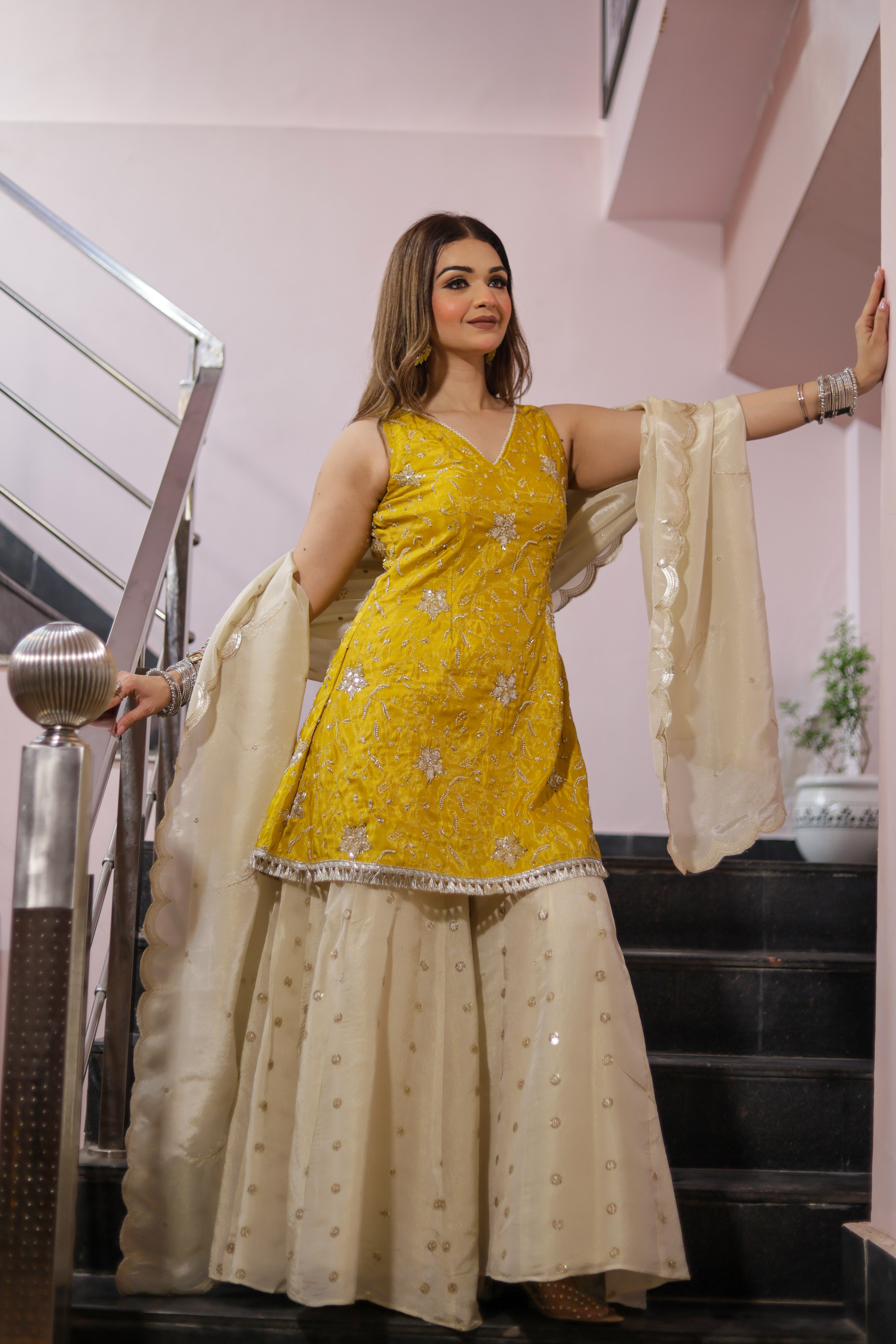 Yellow Floral Printed shirt with off white sharara set