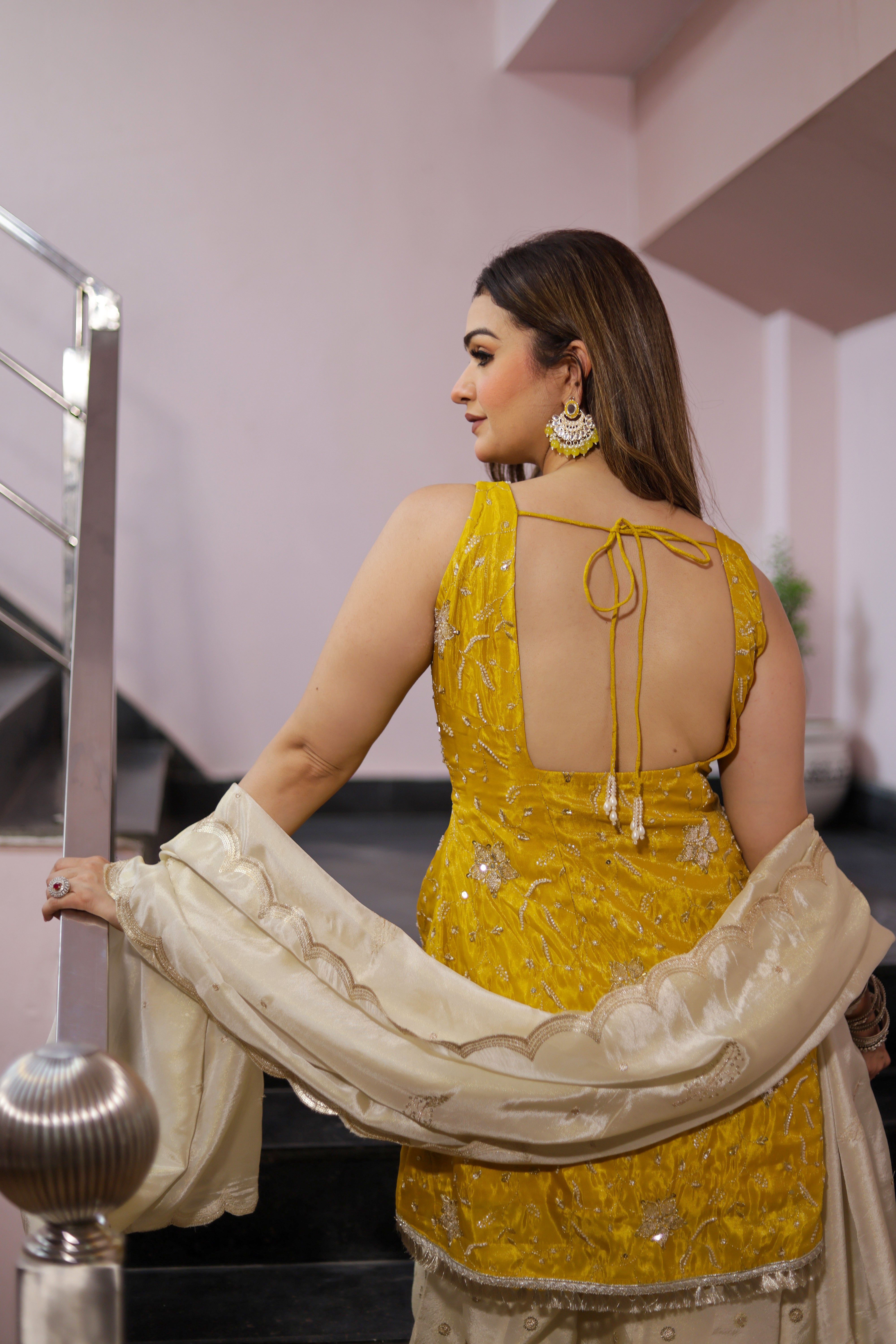 Yellow Floral Printed shirt with off white sharara set