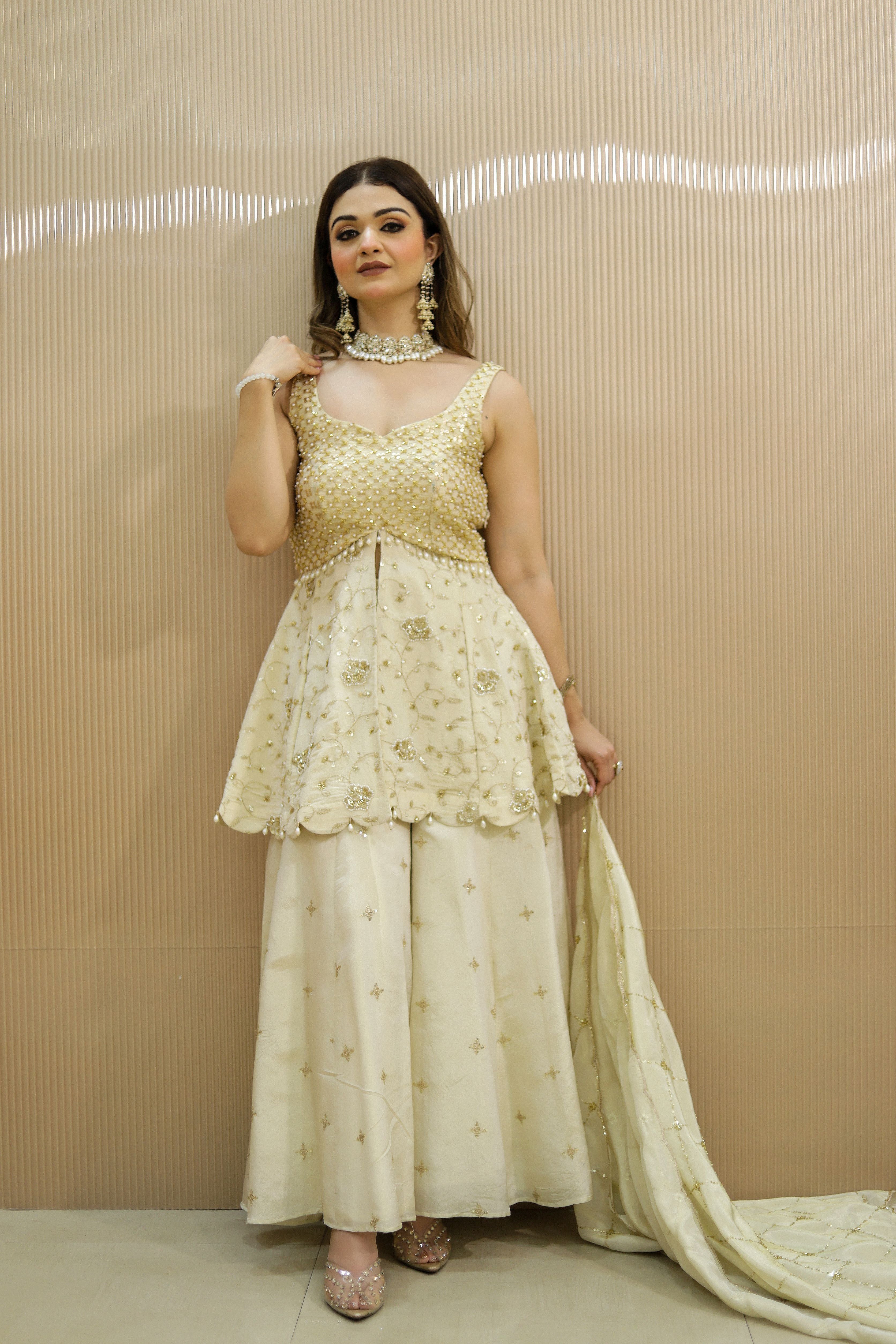 Off white Floral Printed shirt with sharara set