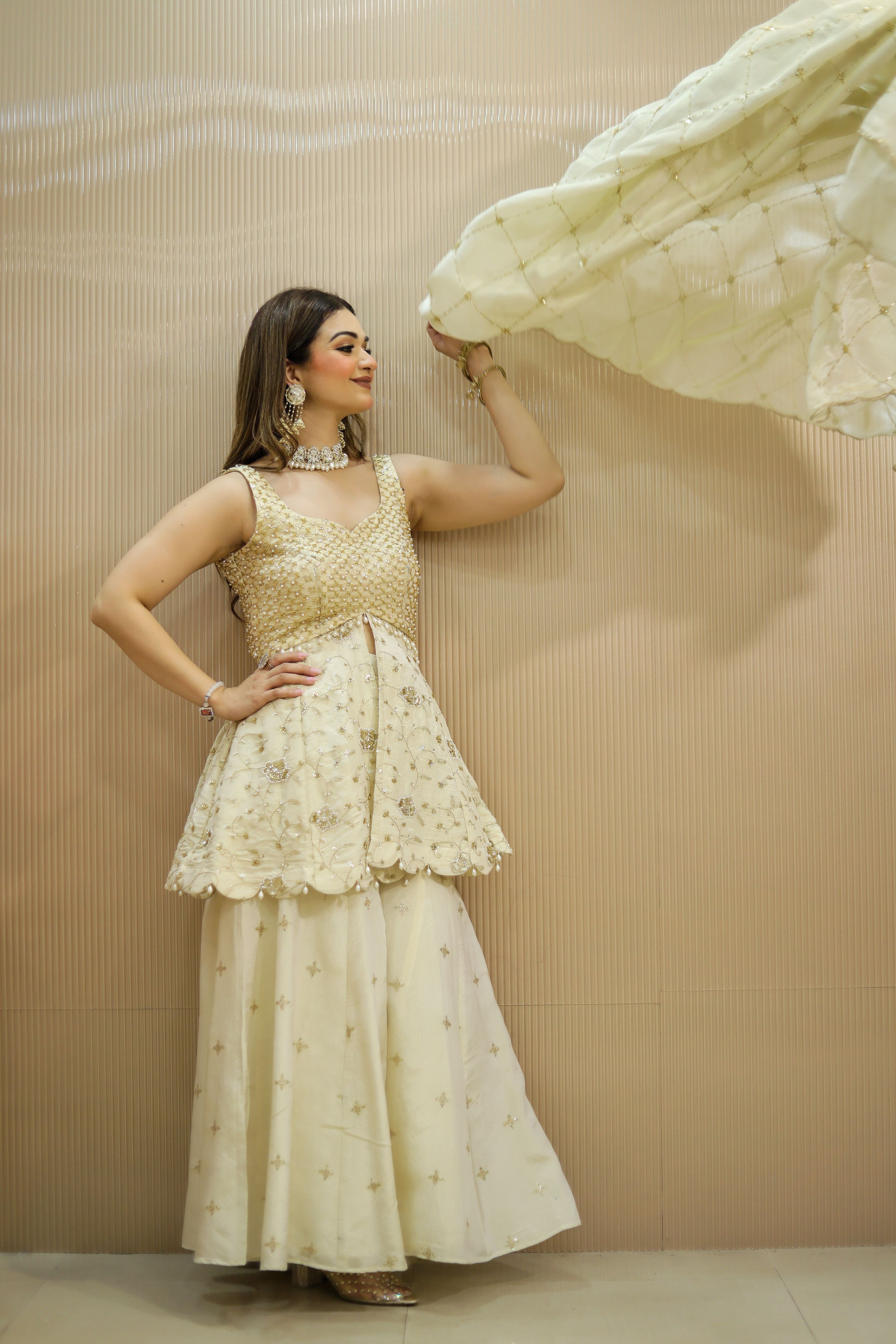 Off white Floral Printed shirt with sharara set