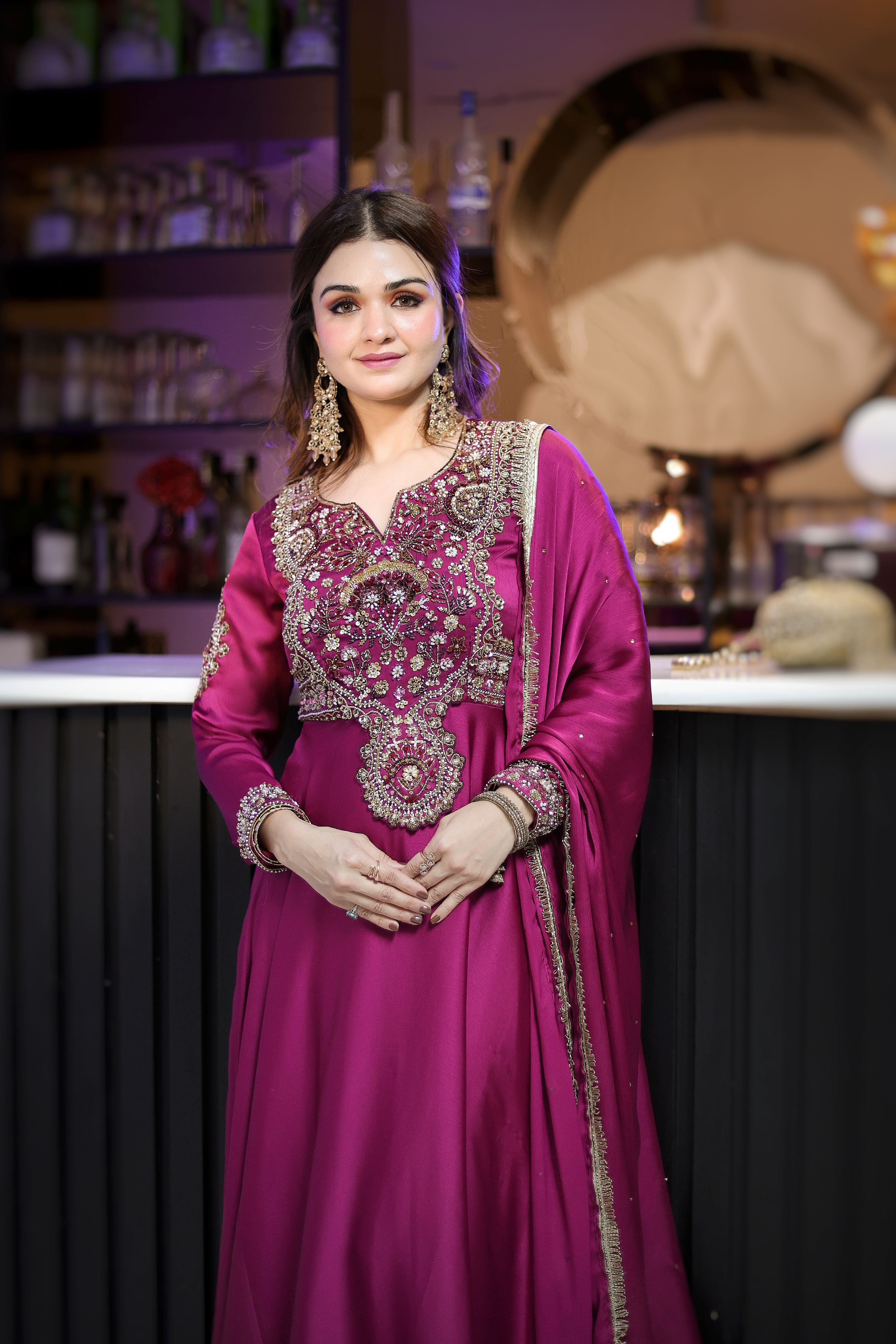 Wine hand embroidery Anarkali