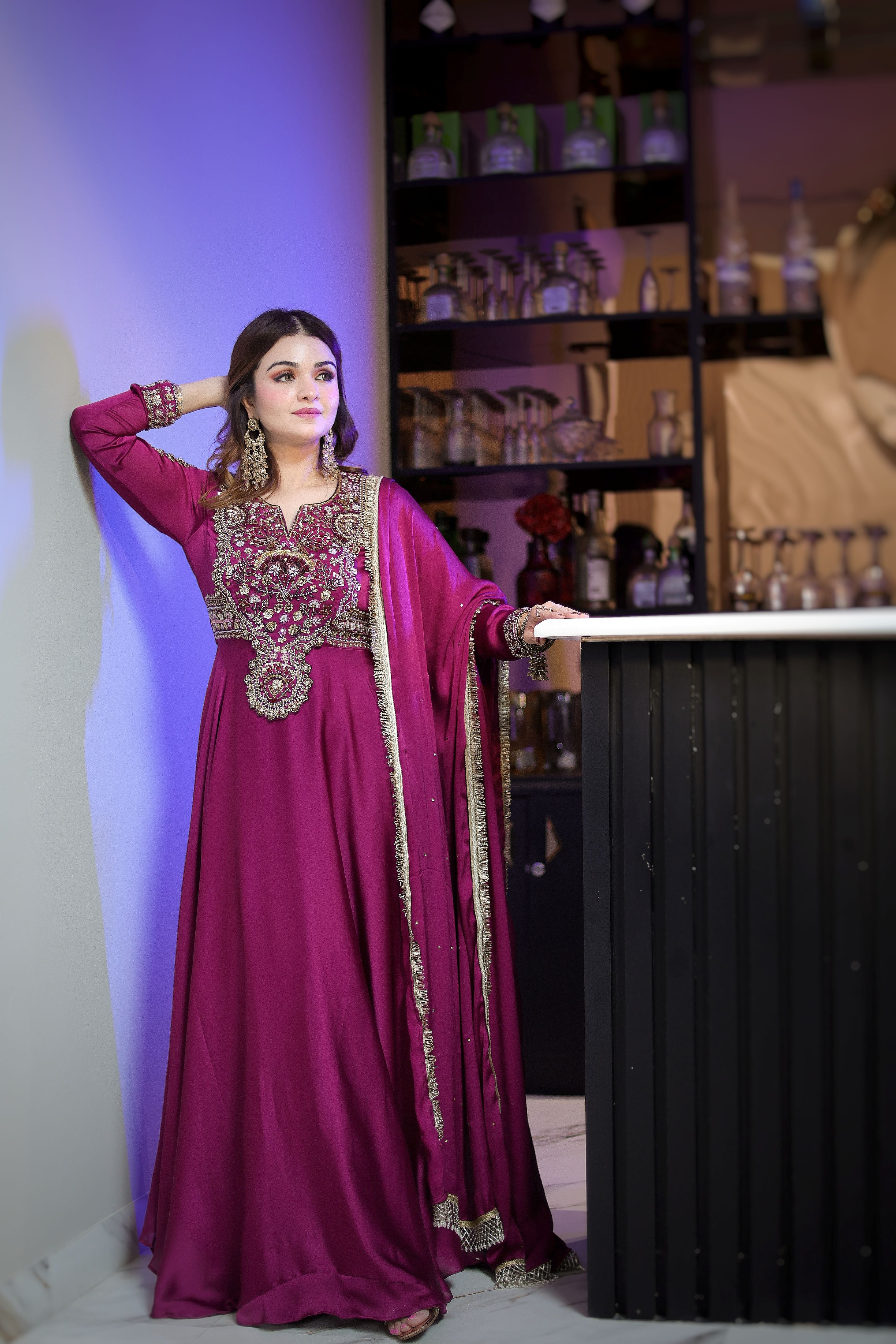 Wine hand embroidery Anarkali