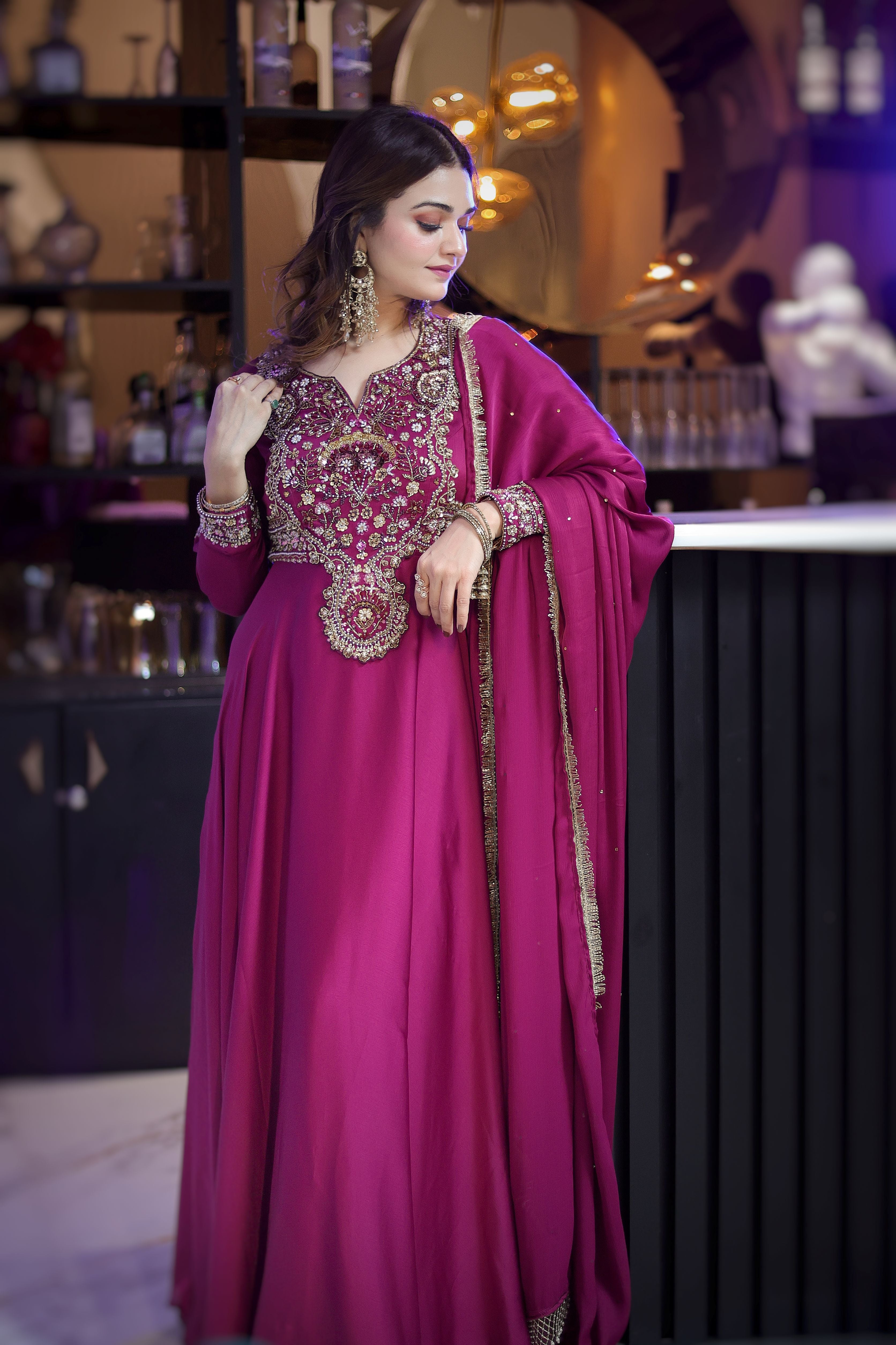 Wine hand embroidery Anarkali