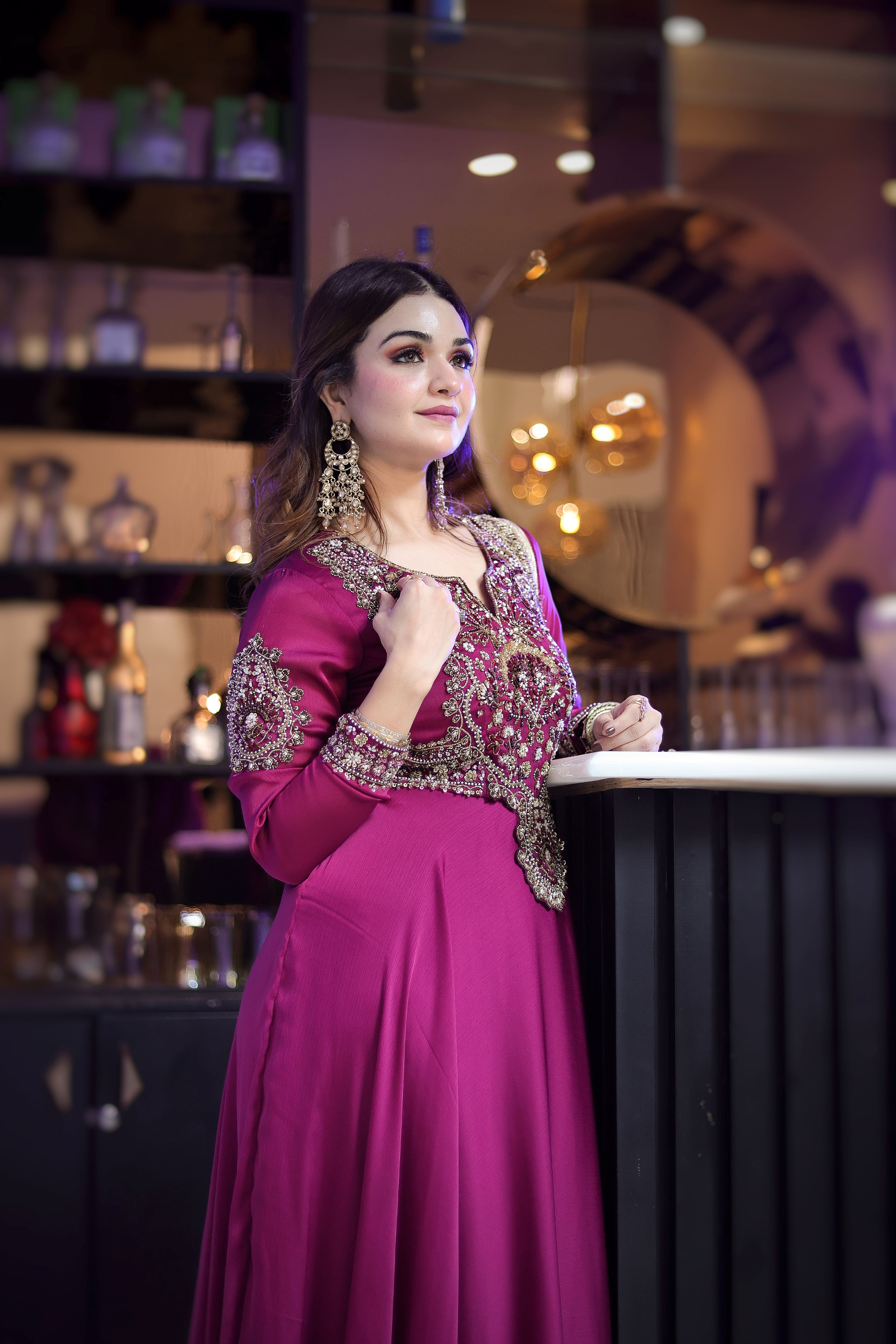 Wine hand embroidery Anarkali