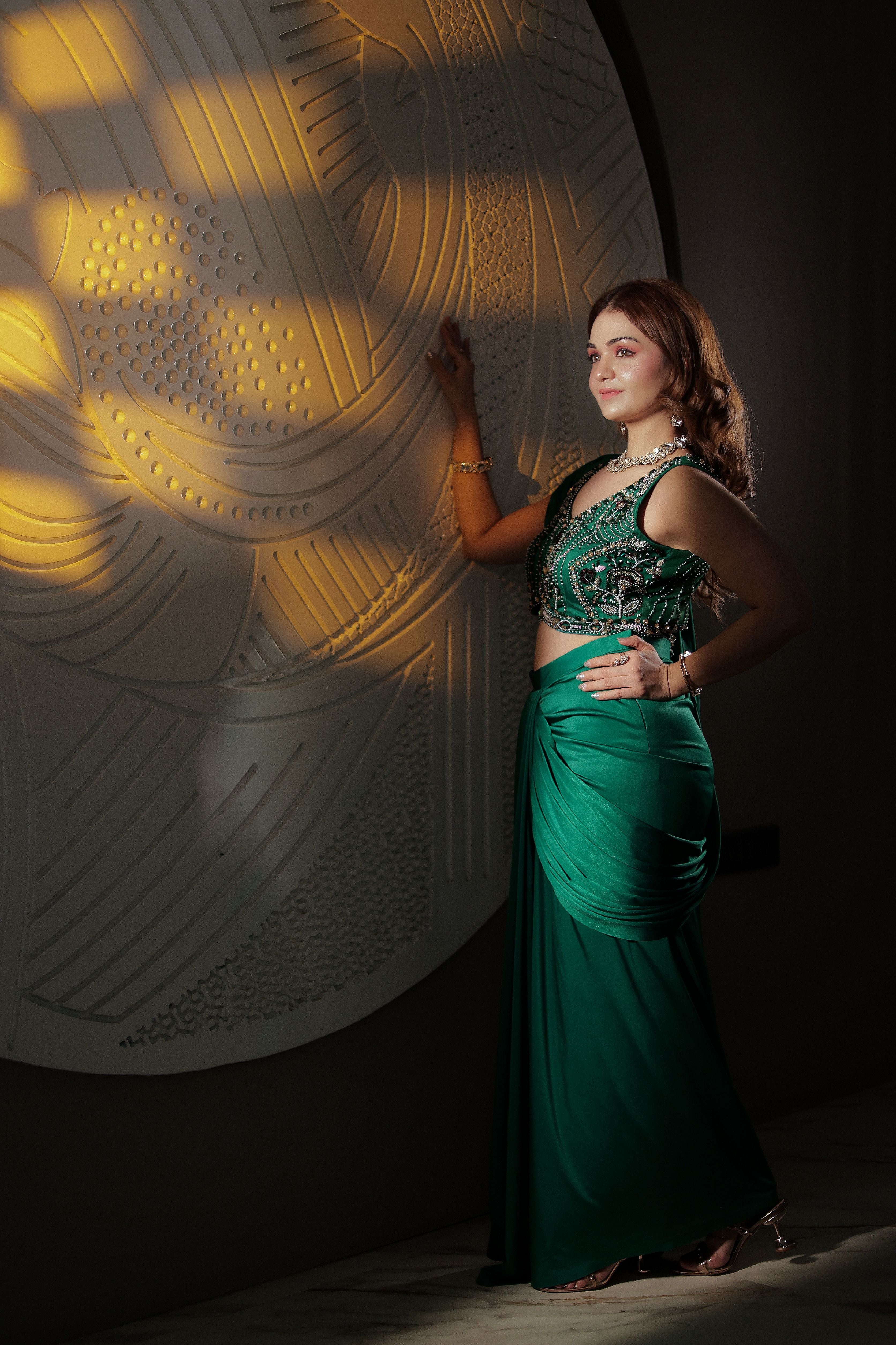 Bottle green blouse with Mehroon work Pre draped saree