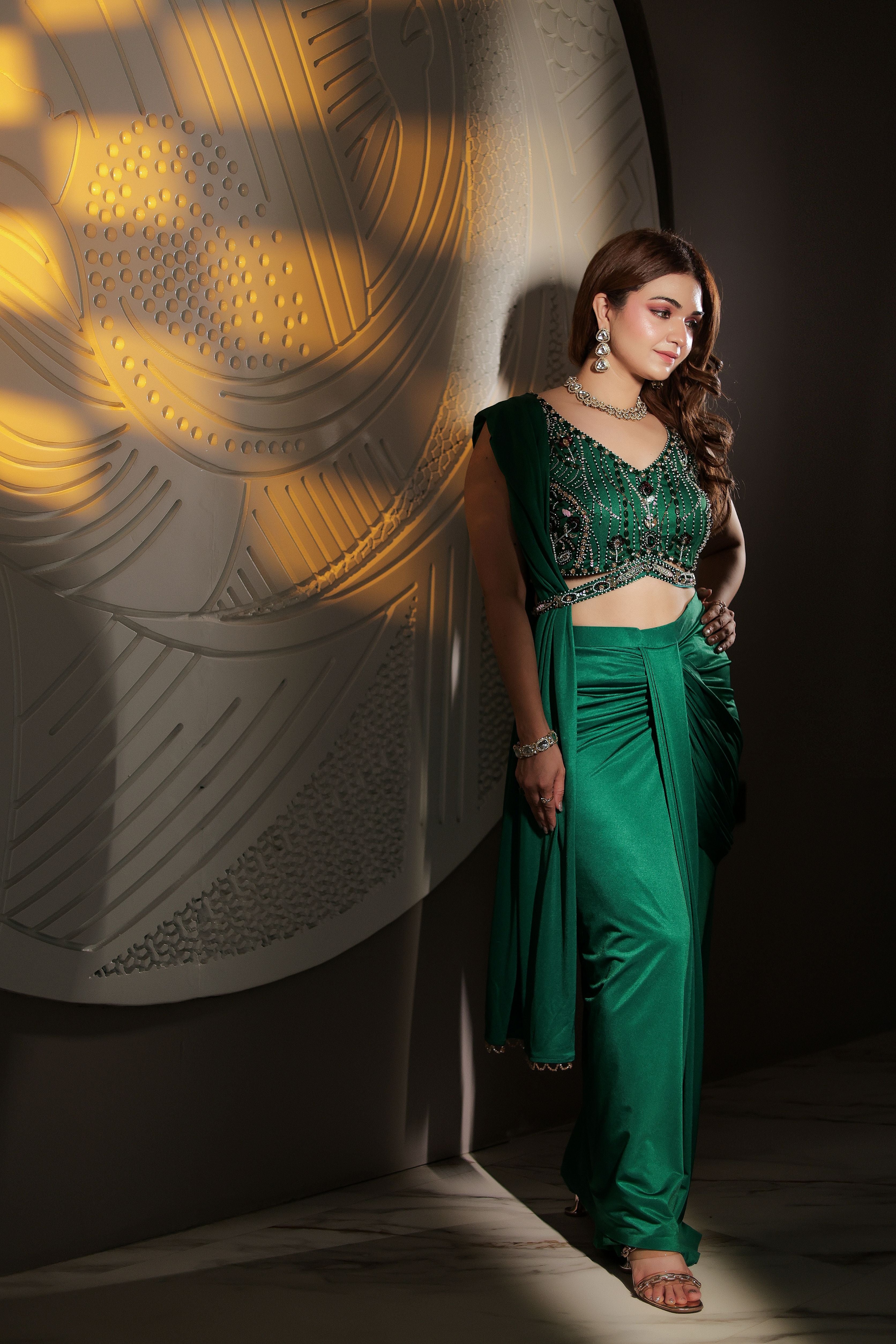 Bottle green blouse with Mehroon work Pre draped saree