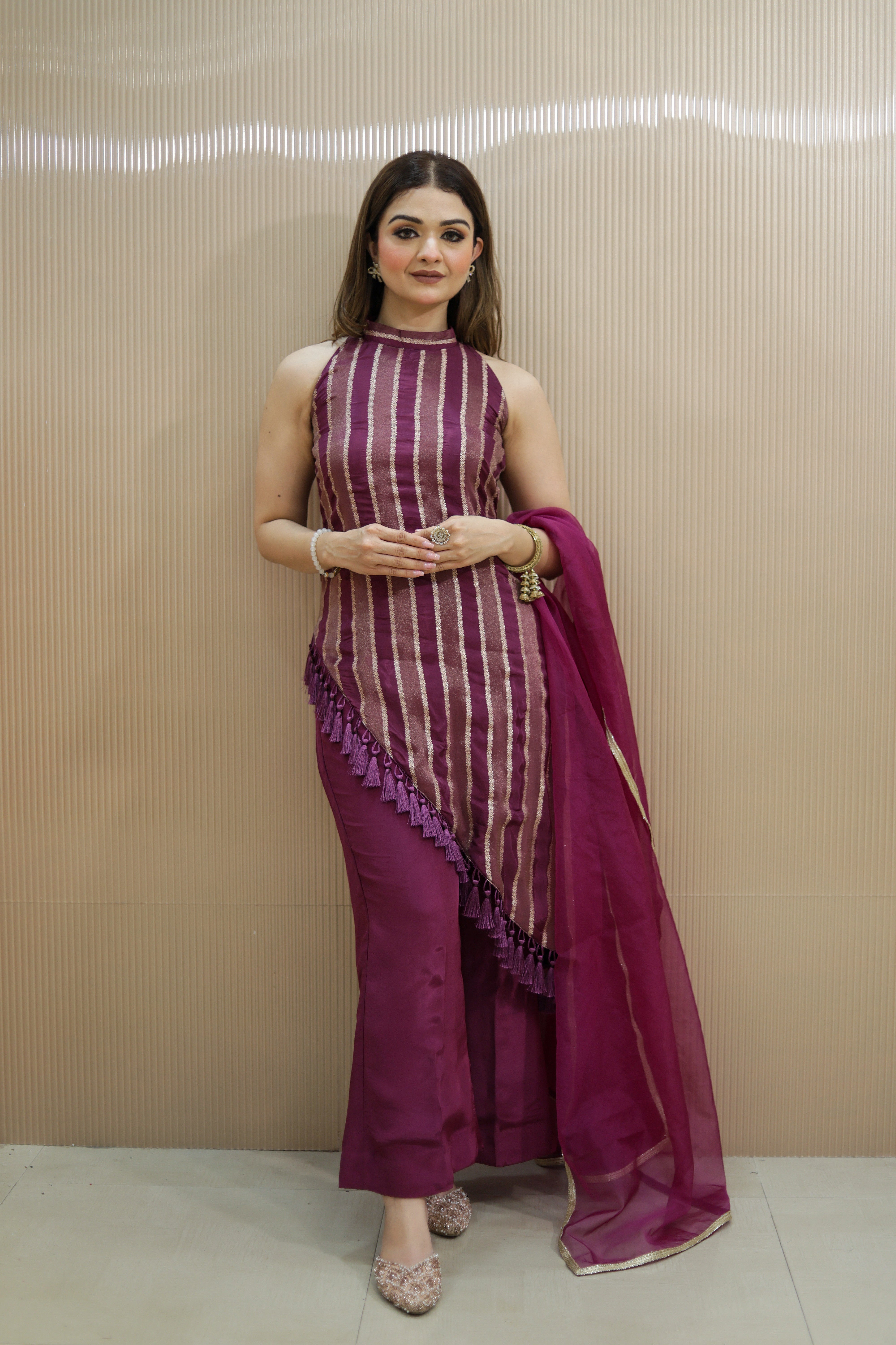 Wine straight lines suit with bellbottoms and organza dupatta
