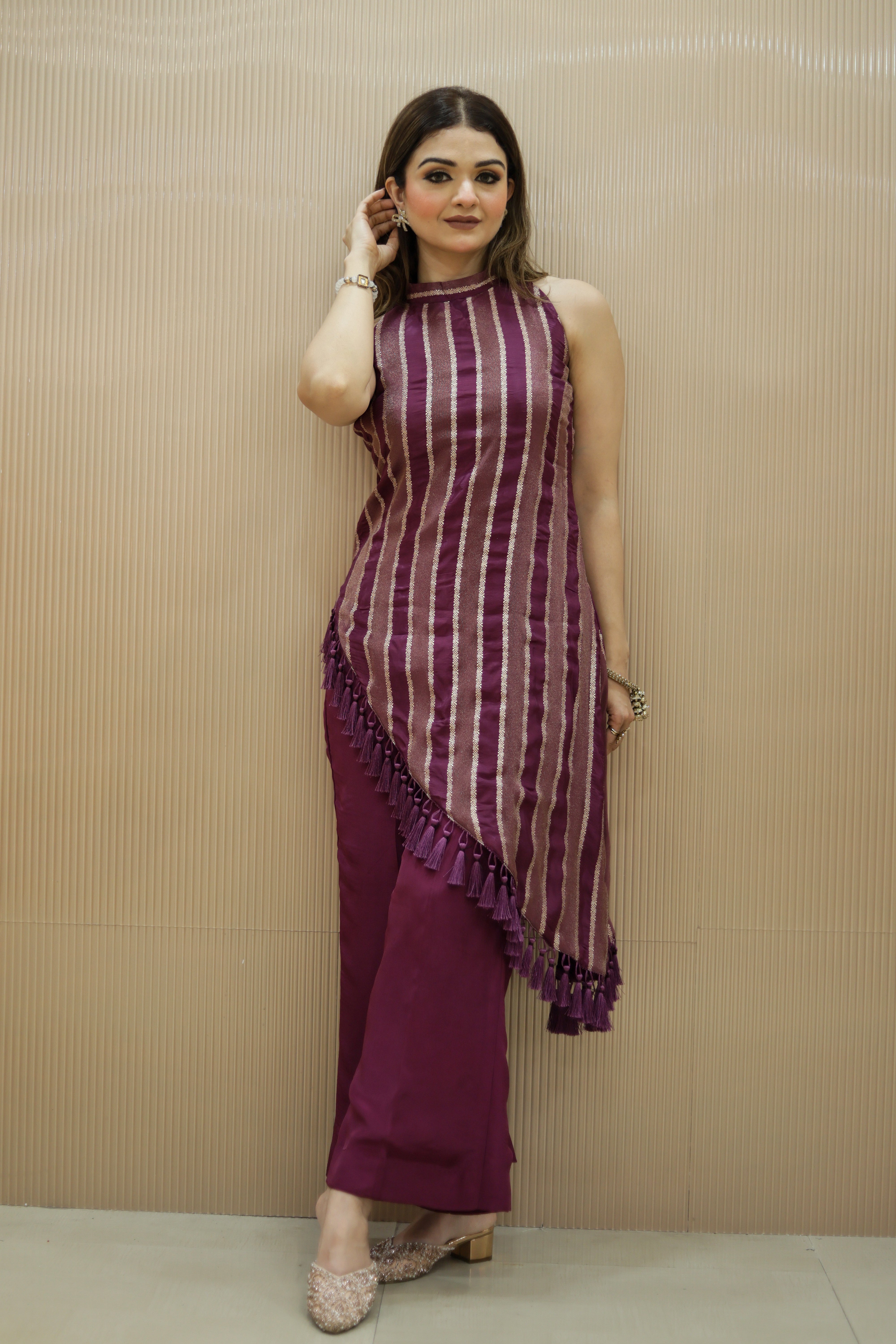 Wine straight lines suit with bellbottoms and organza dupatta