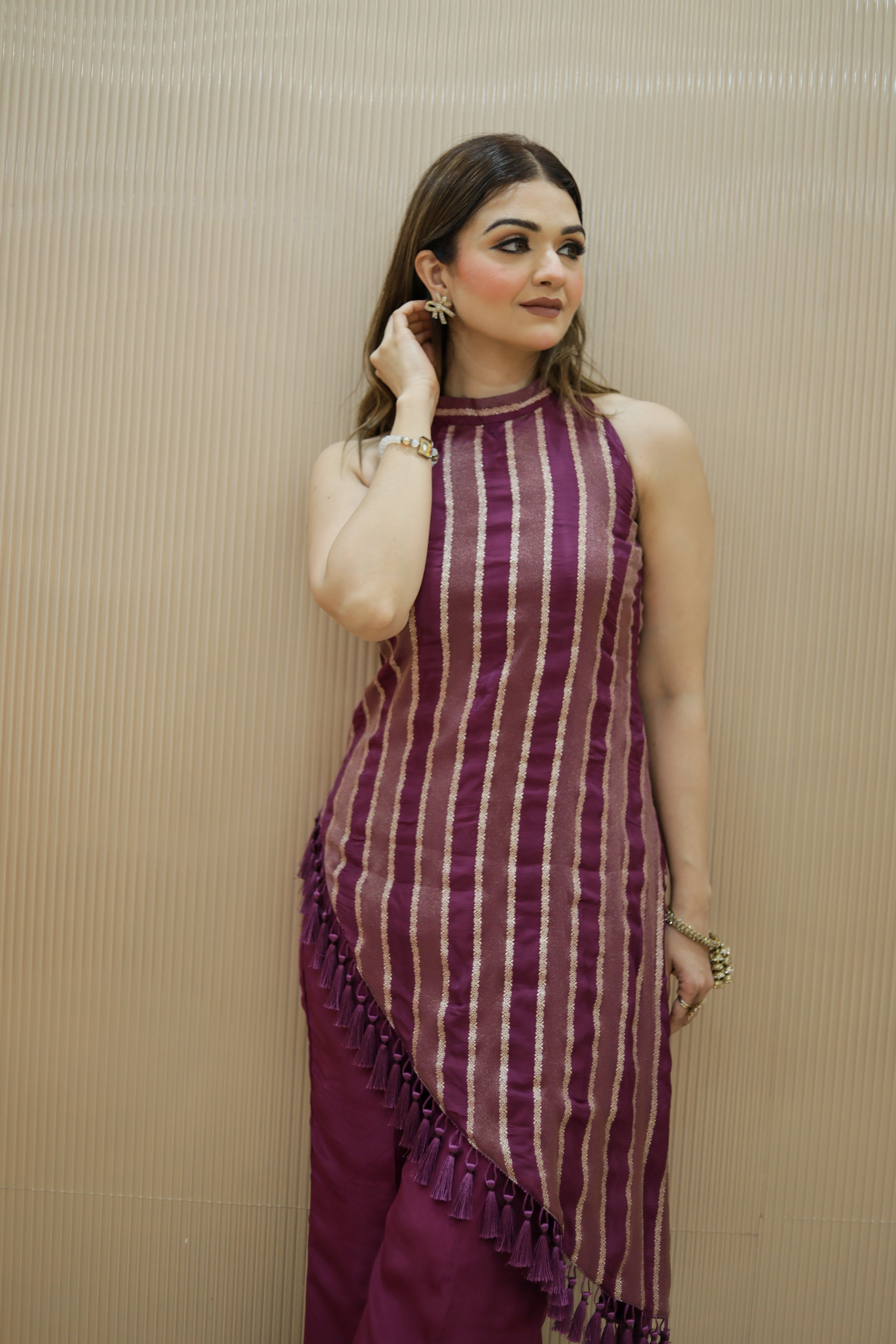 Wine straight lines suit with bellbottoms and organza dupatta