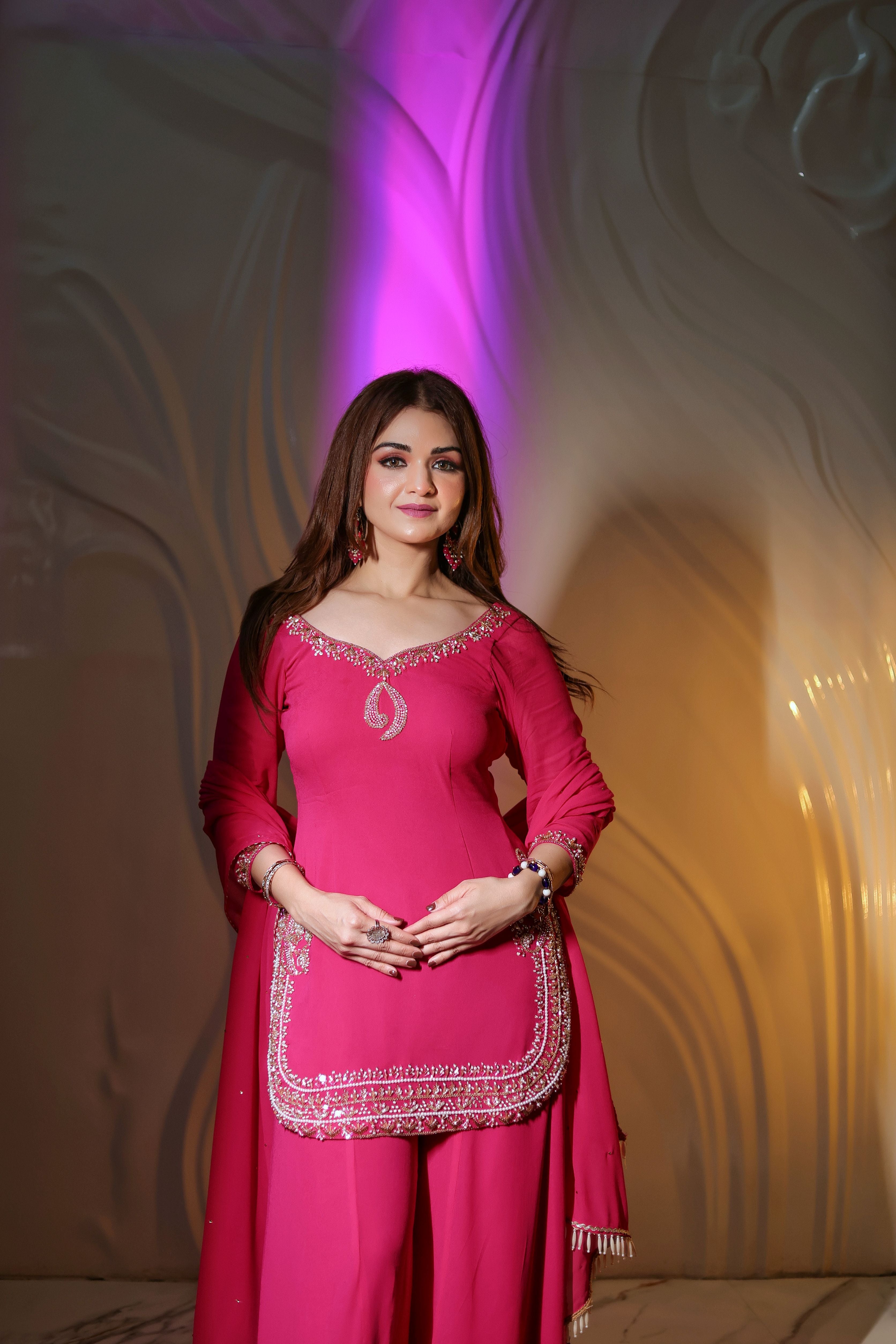 Hot pink embroidered georgette sharara suit
