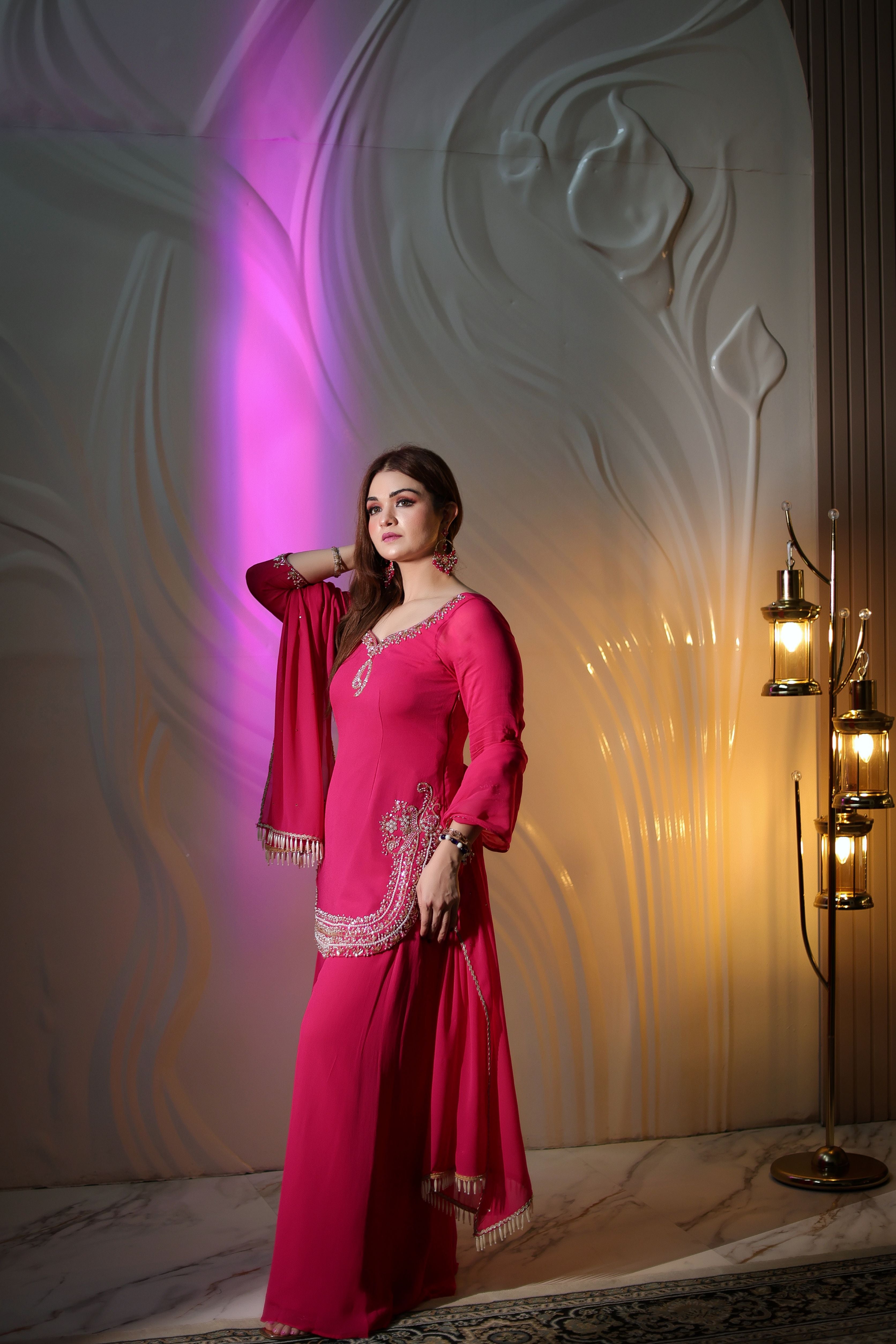 Hot pink embroidered georgette sharara suit