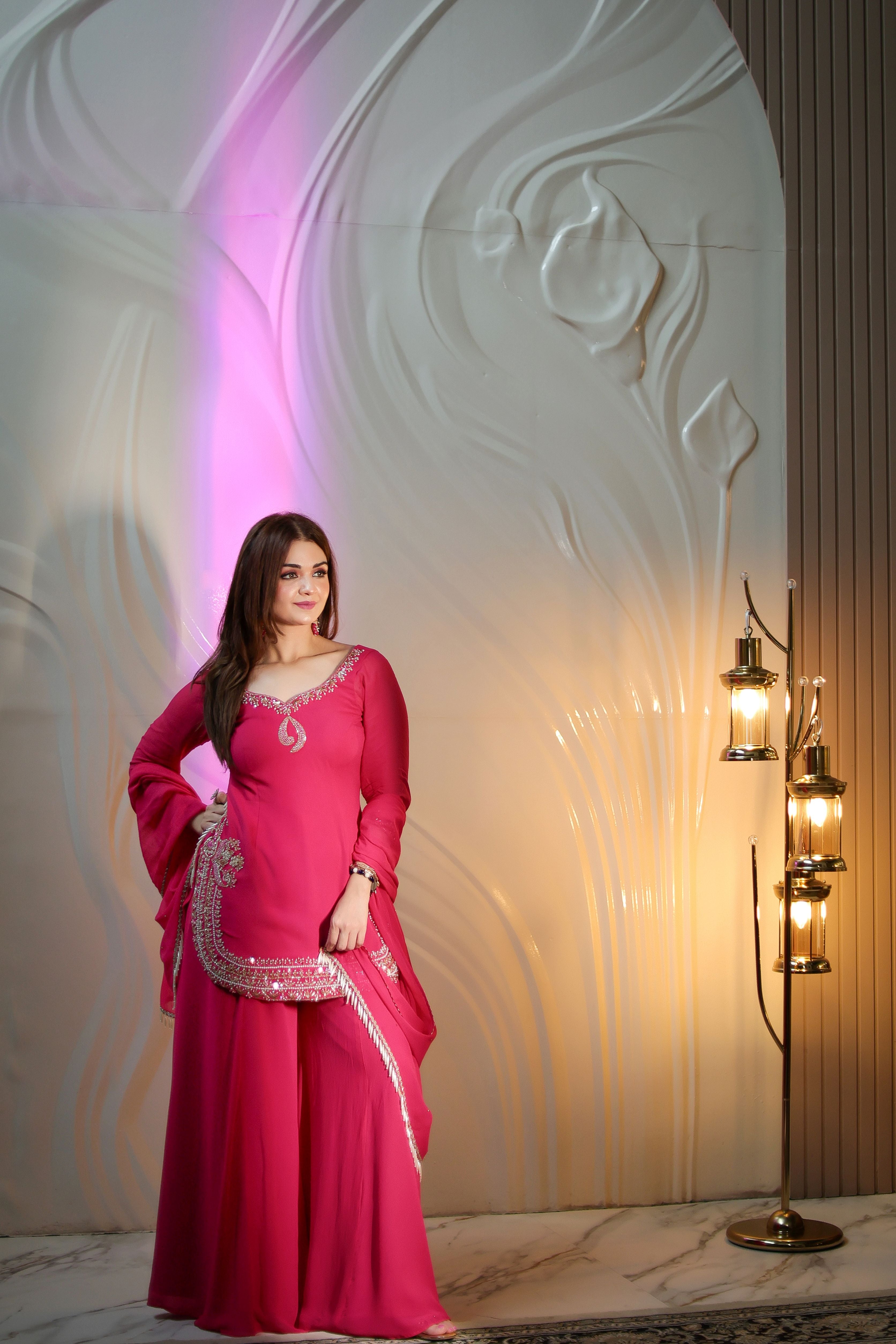 Hot pink embroidered georgette sharara suit
