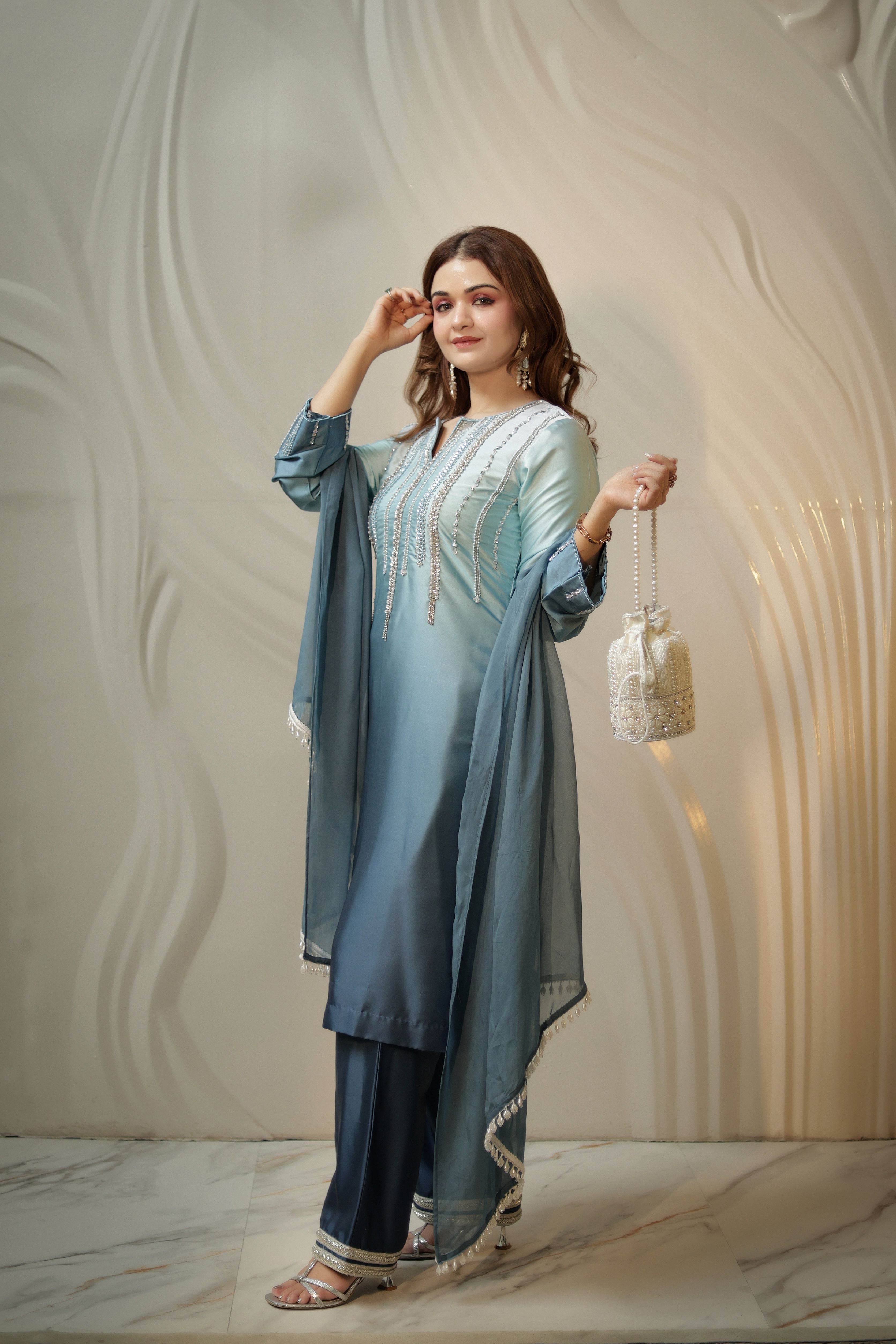 Blue ombrey pearl work Armani satin suit with pants