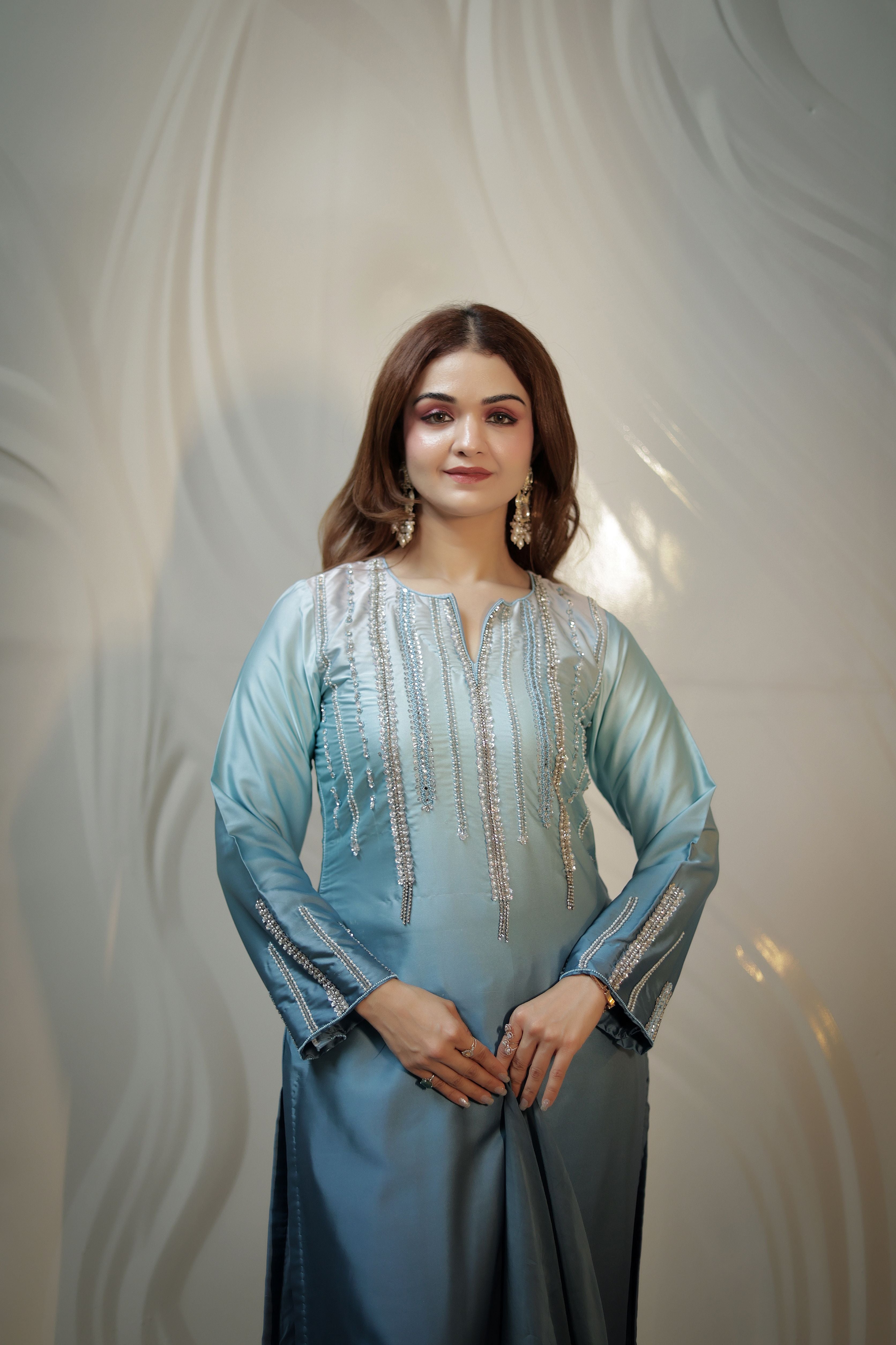 Blue ombrey pearl work Armani satin suit with pants