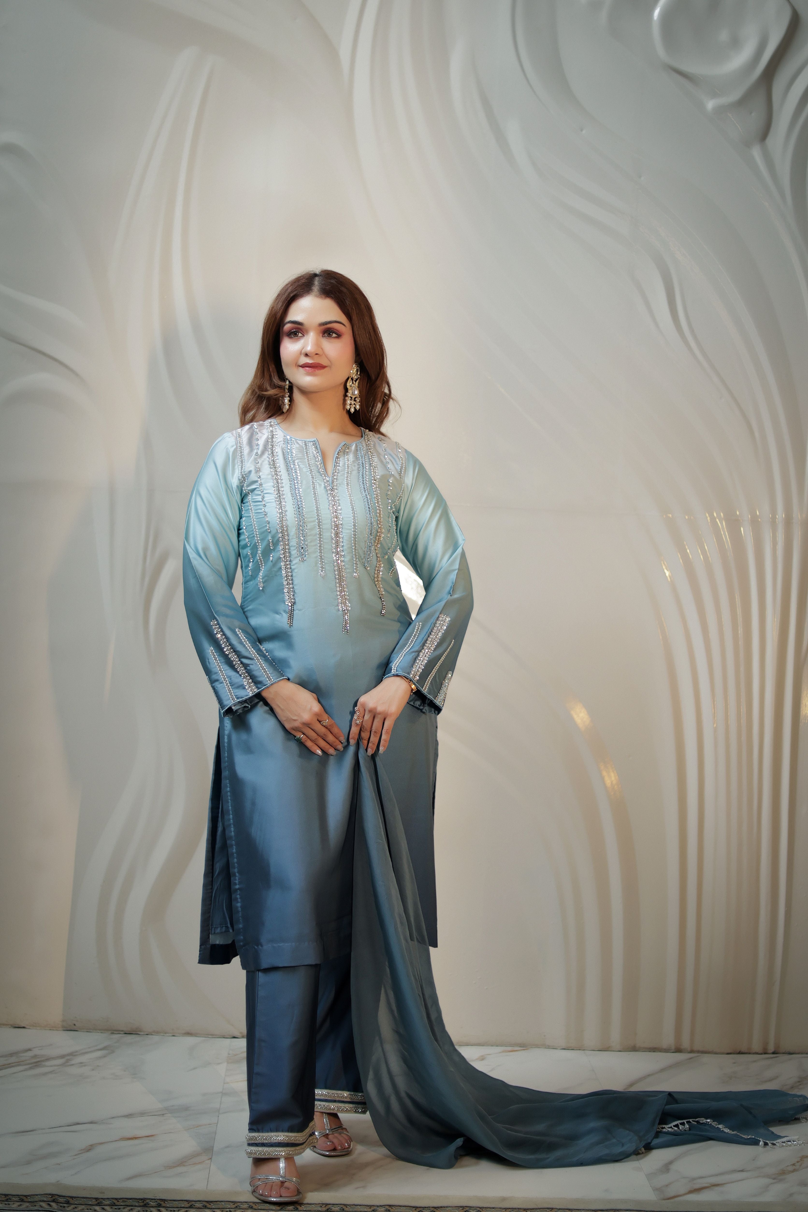 Blue ombrey pearl work Armani satin suit with pants